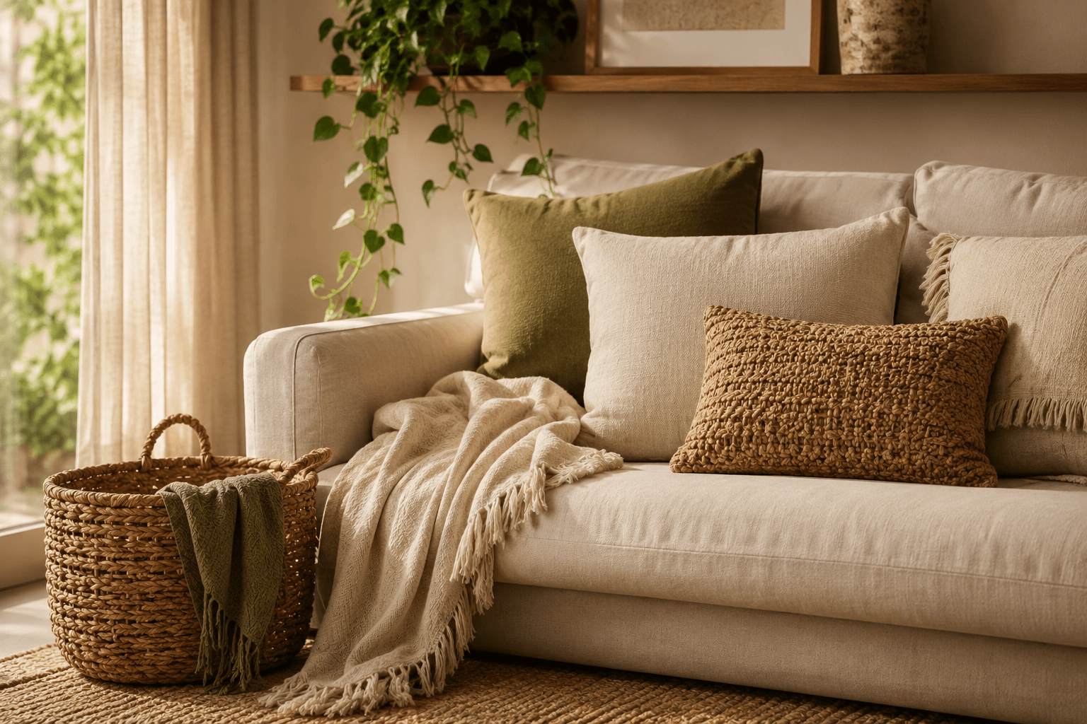 Sofá decorado com almofadas de linho e manta natural — decoração com fibras naturais
