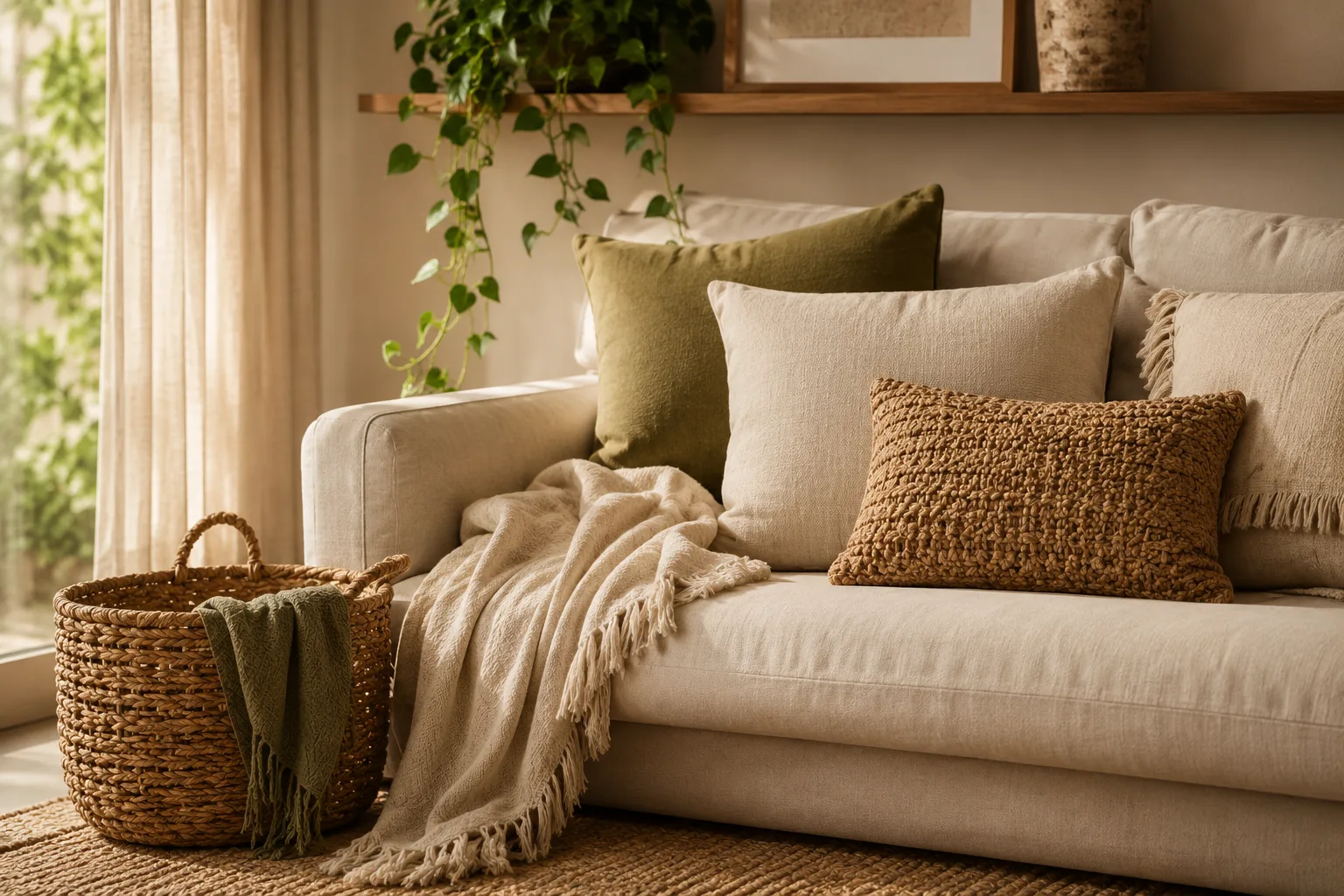 Sofá decorado com almofadas de linho e manta natural — decoração com fibras naturais