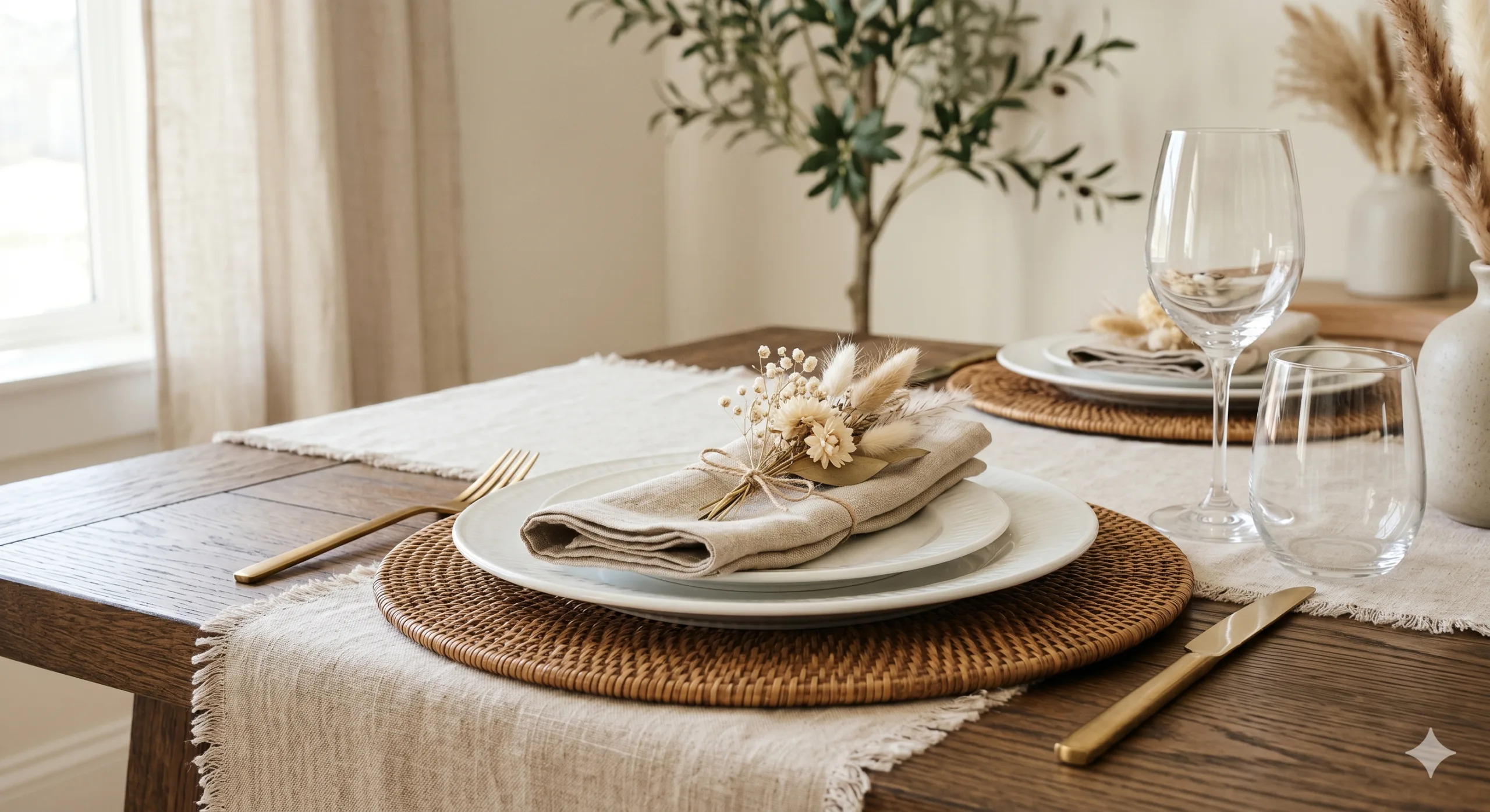 7 ideias de mesa posta simples e elegante Sousplat de rattan sobre mesa posta elegante com prato branco e guardanapo de linho