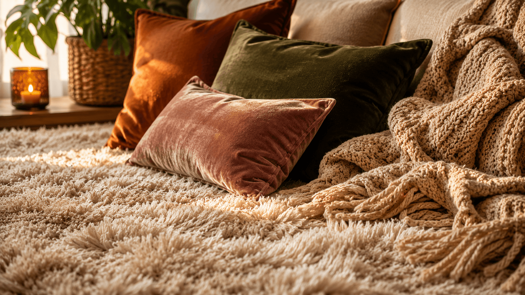 Tapete felpudo, almofadas de veludo e manta de tricô — texturas sensoriais na decoração