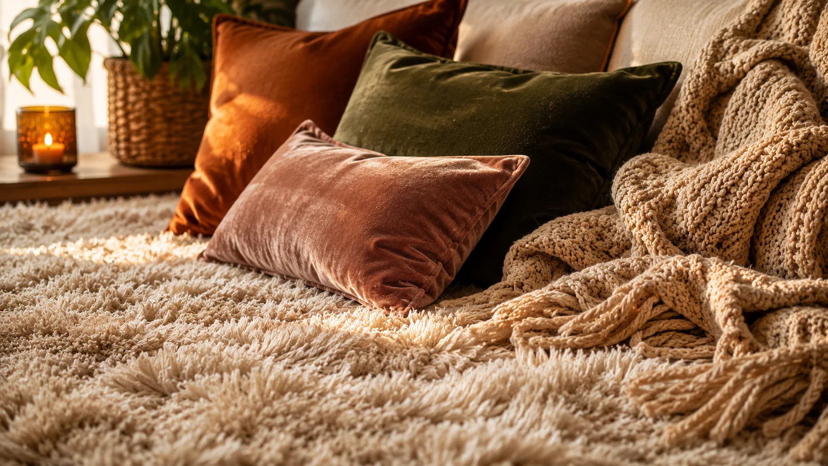 Tapete felpudo, almofadas de veludo e manta de tricô — texturas sensoriais na decoração