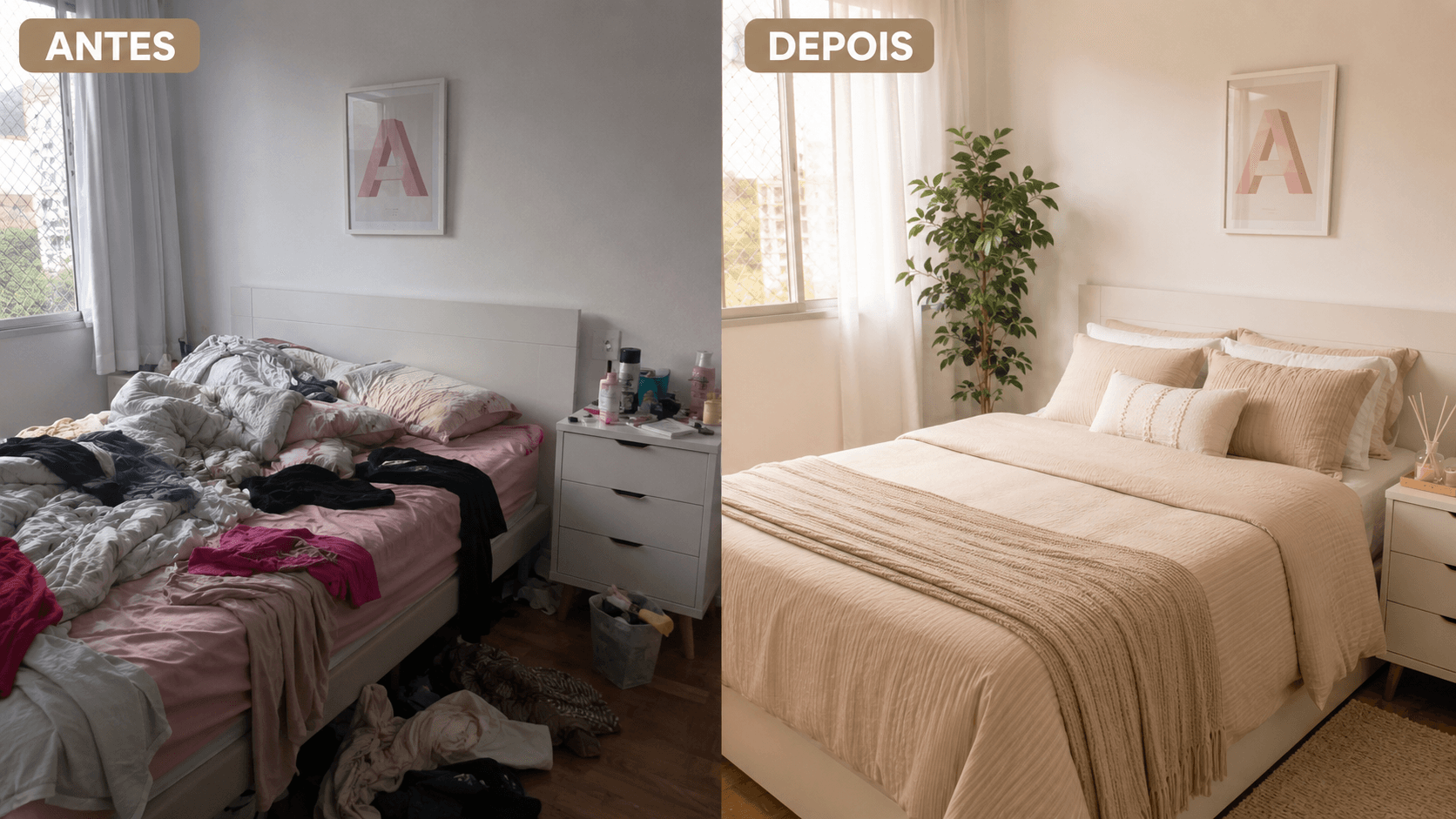 Antes e depois de quarto feminino: transformação de quarto desorganizado para quarto aconchegante e organizado