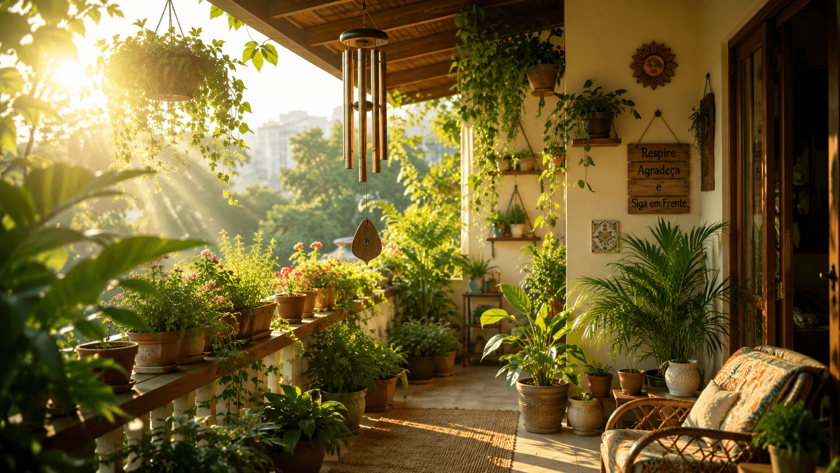 Varanda ensolarada com sinos de vento Feng Shui entre plantas e flores
