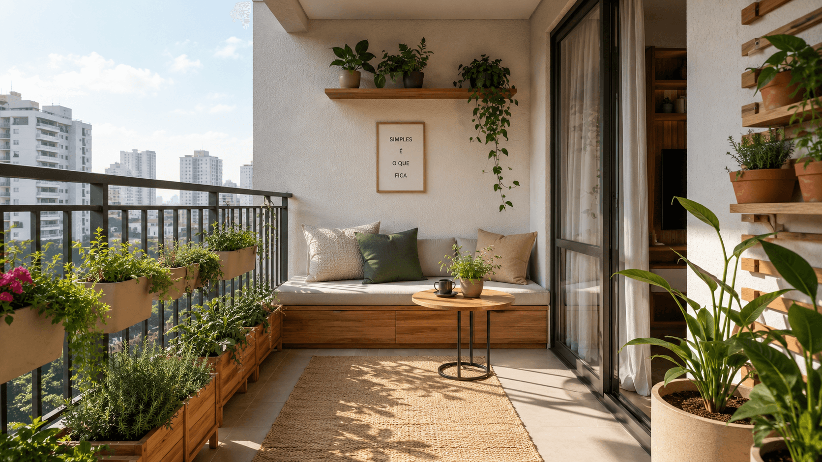 Varanda de apartamento com vasos organizados e plantas verdes