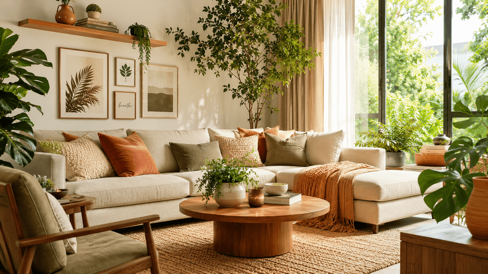 Ambiente decorado com cores harmoniosas, luz natural e plantas verdes