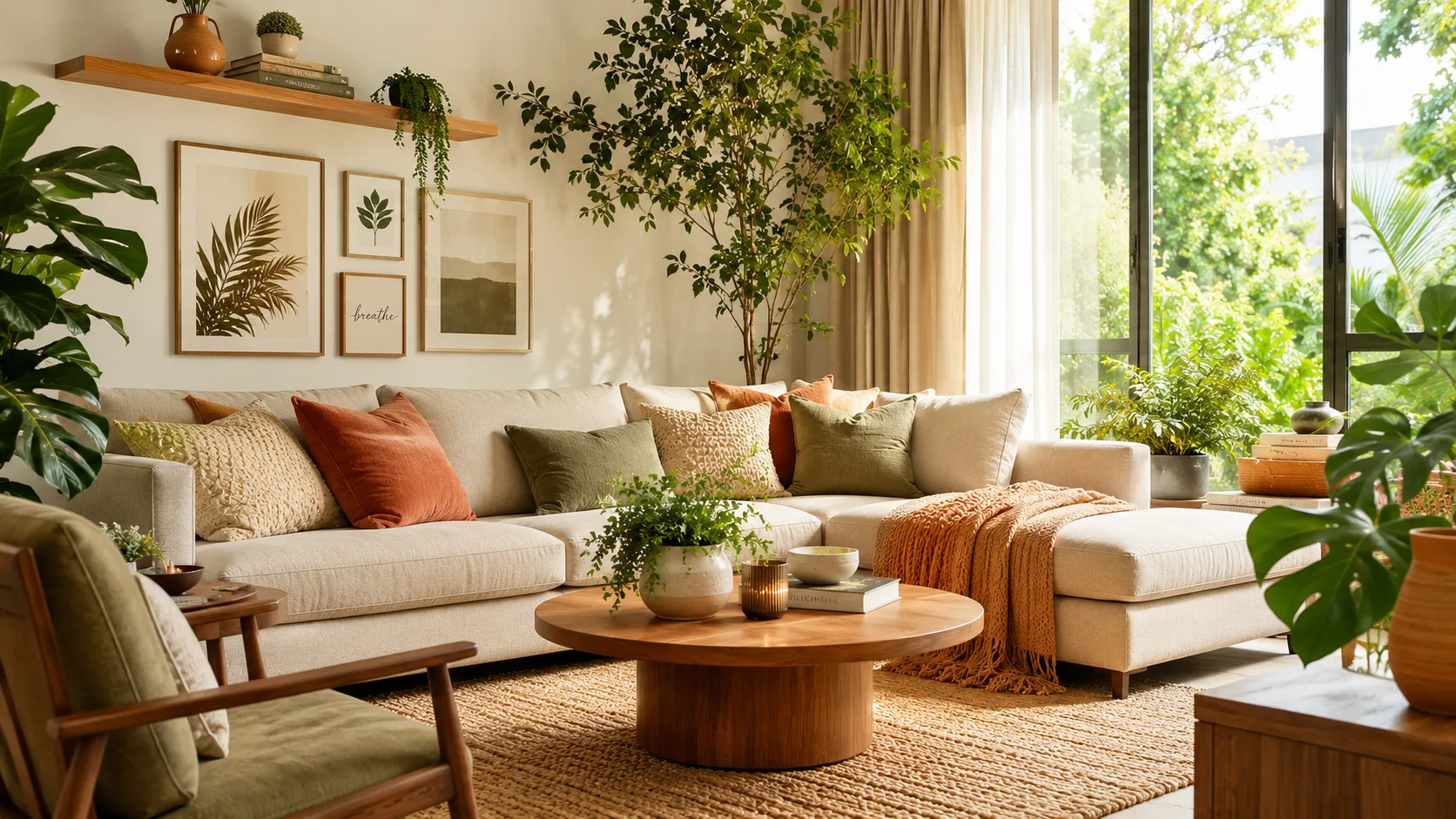 Ambiente decorado com cores harmoniosas, luz natural e plantas verdes