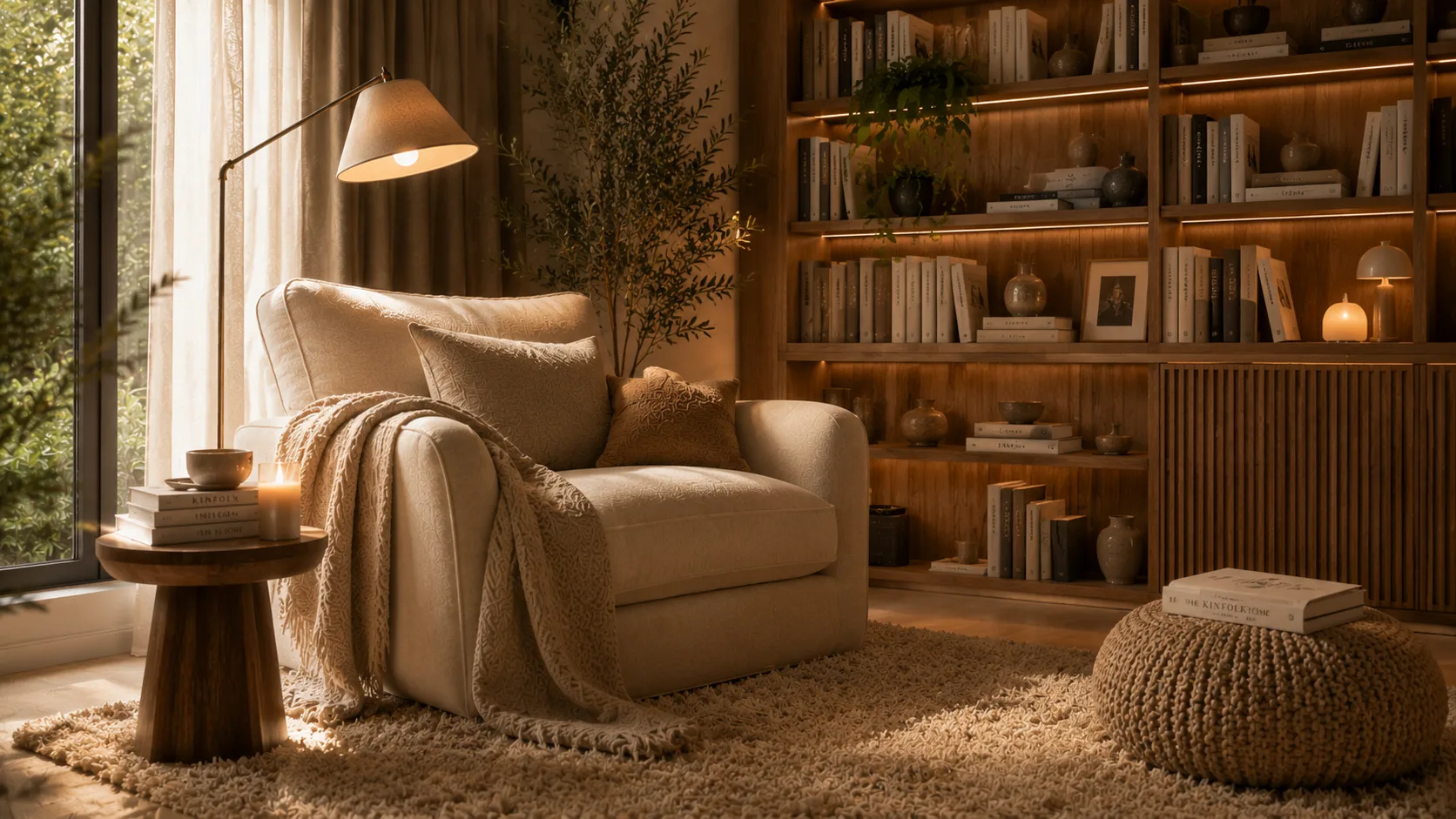 Canto de leitura silencioso com poltrona, tapete e iluminação suave — decoração acústica para ambientes