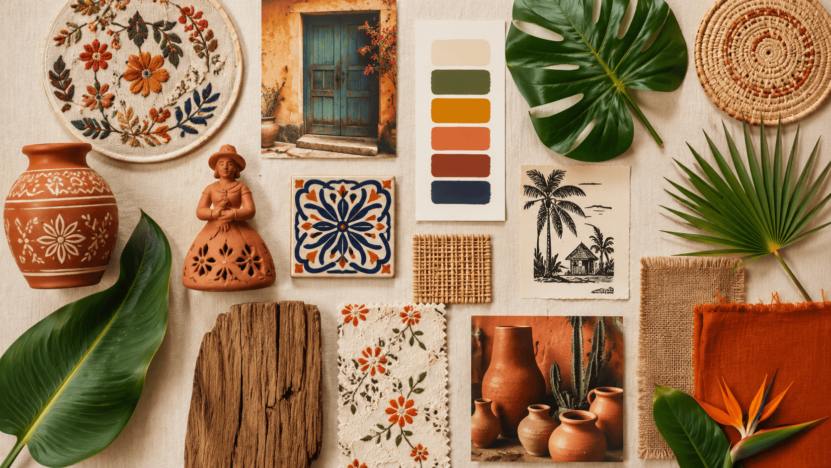 Mood board Brazilcore com elementos de artesanato brasileiro, cerâmica, fibras naturais e estampas tropicais