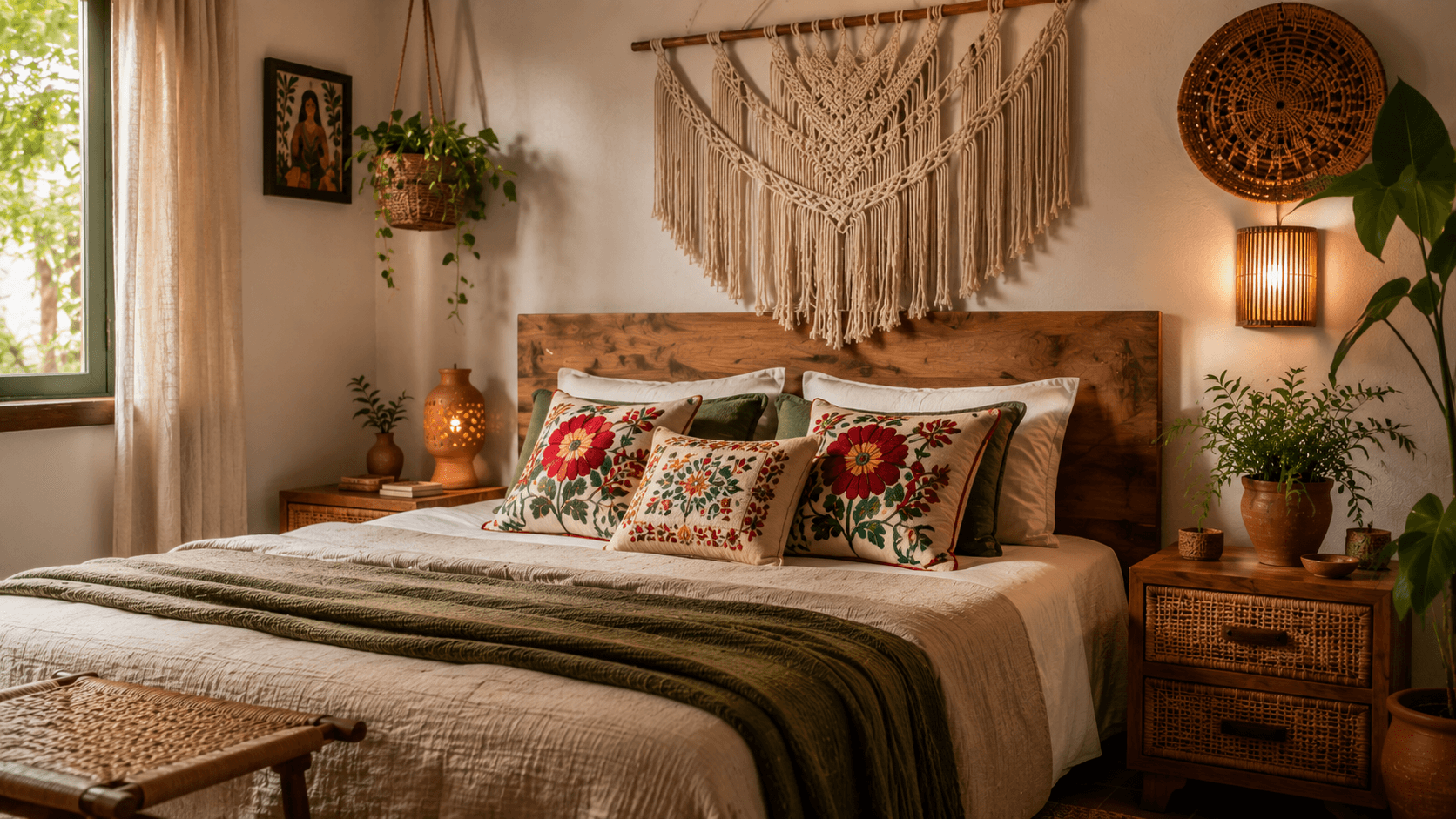 Quarto decorado no estilo Brazilcore com cabeceira de madeira, macramê, almofadas bordadas e planta pendente