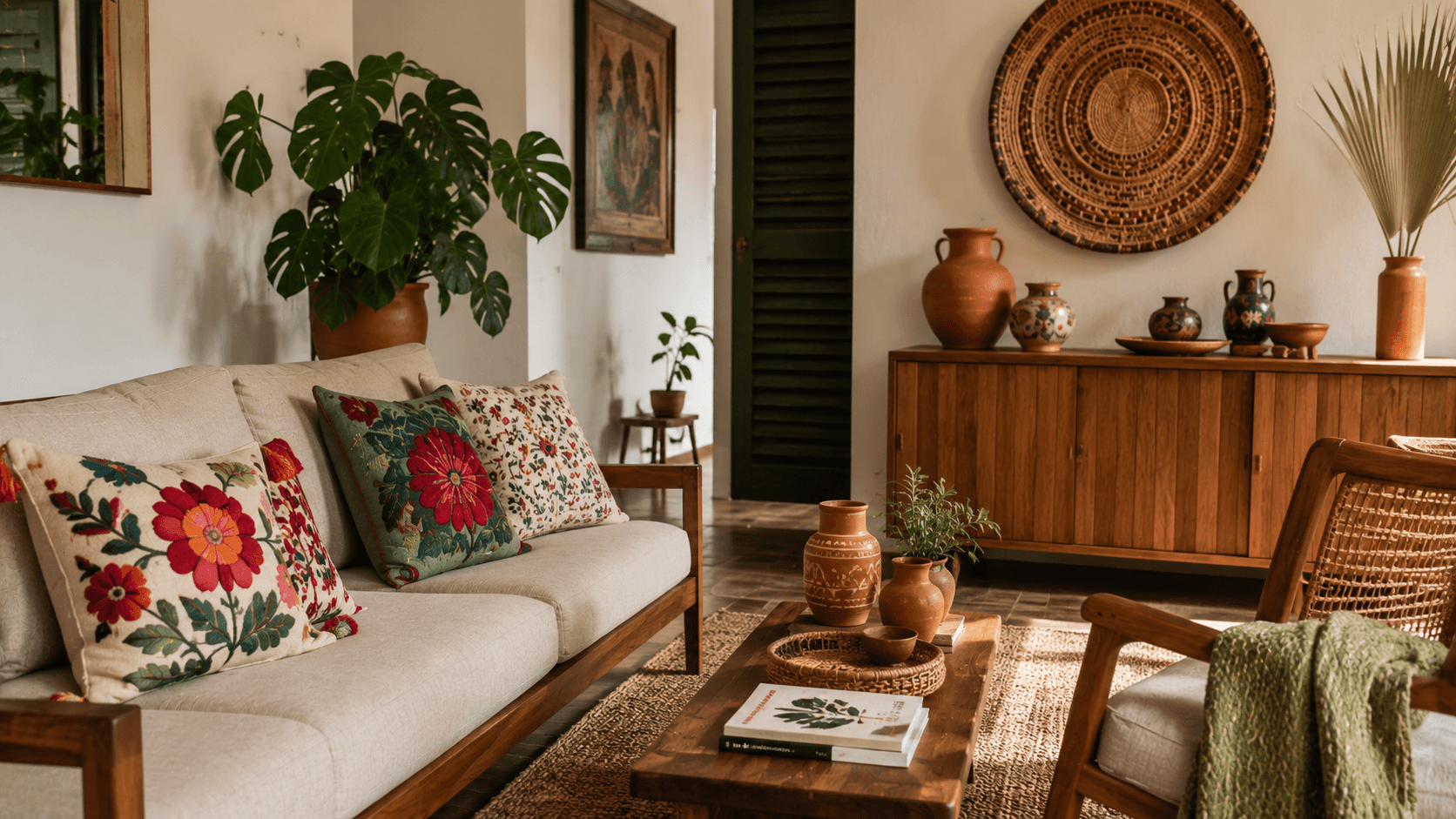Sala de estar decorada no estilo Brazilcore com sofá em linho, tapete de palha, cerâmica artesanal e plantas tropicais