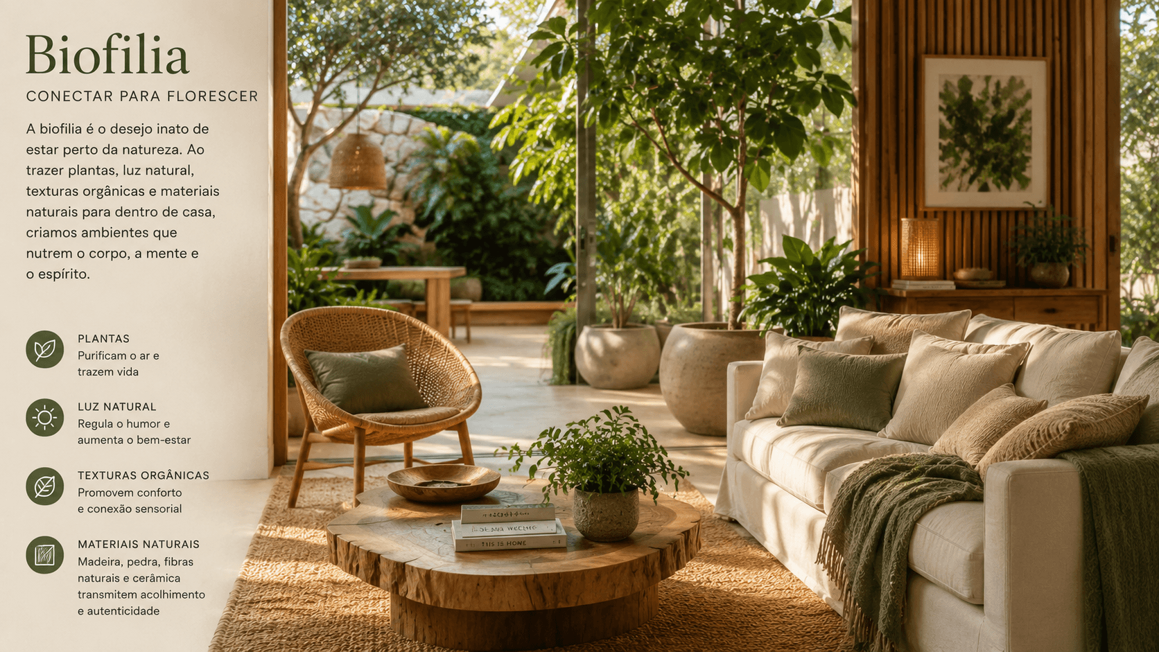 Ambiente biofílico com plantas, texturas naturais e elementos que promovem bem-estar neurológico