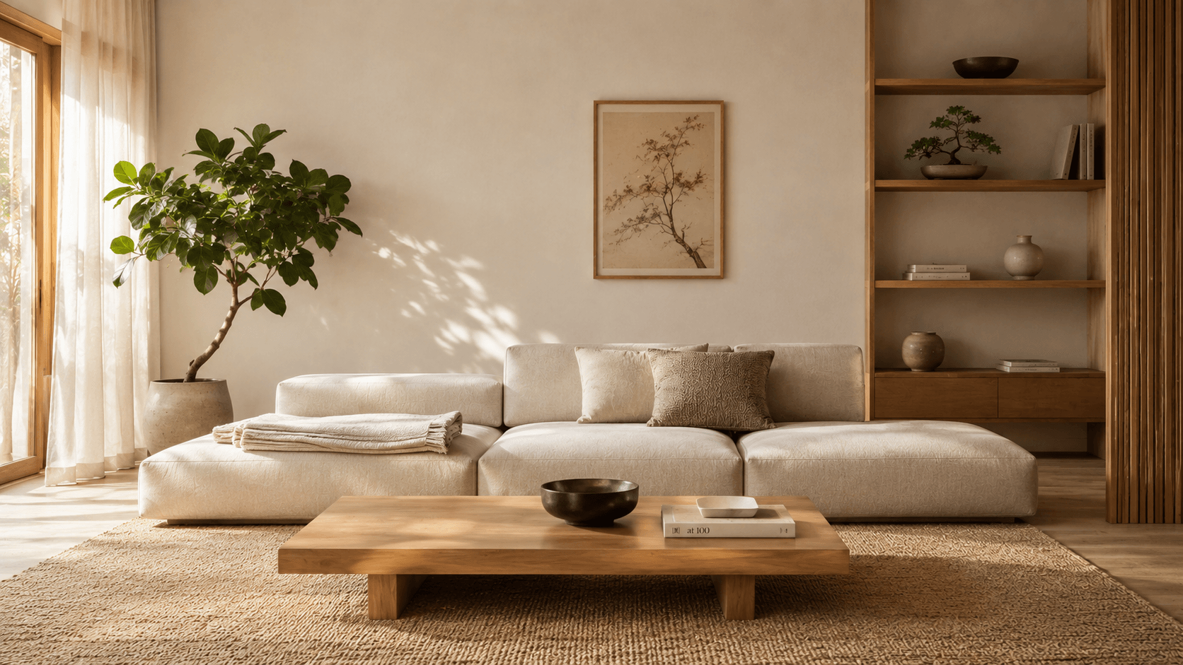 Decoração Japandi: o estilo que une minimalismo, aconchego e bem-estar Sala de estar Japandi com estante aberta de madeira, bonsai em vaso de cerâmica e móveis de linhas simples e limpas
