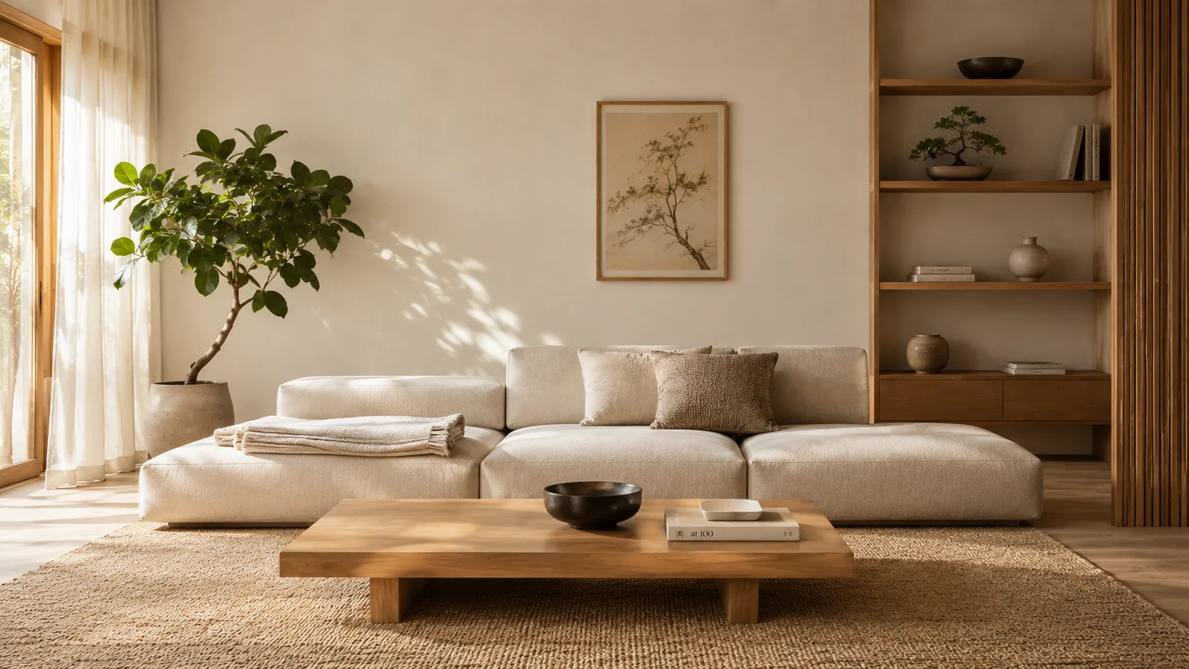 Sala de estar Japandi com estante aberta de madeira, bonsai em vaso de cerâmica e móveis de linhas simples e limpas