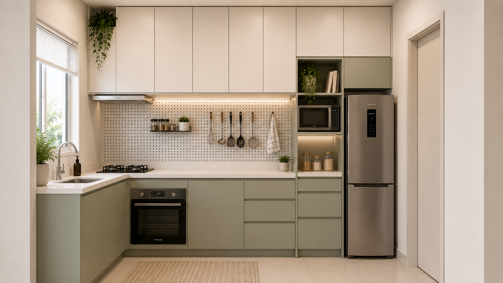Aproveitamento vertical em cozinha pequena com armários altos e nicho para micro-ondas