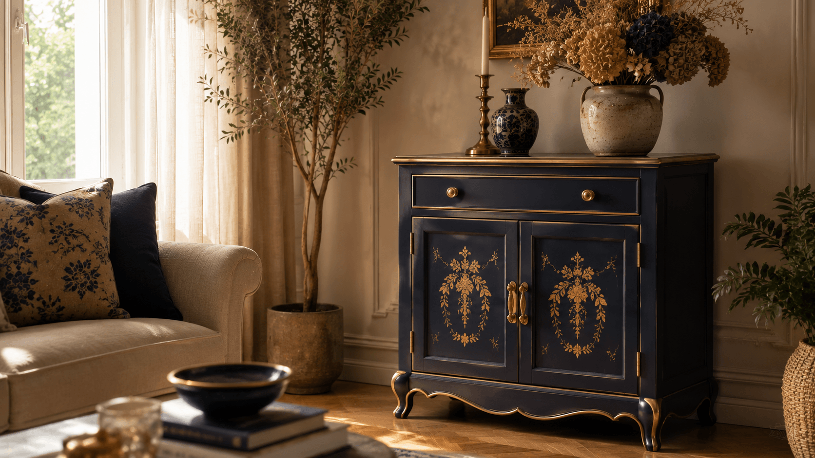 Armário de madeira vintage reformado em ambiente decorado