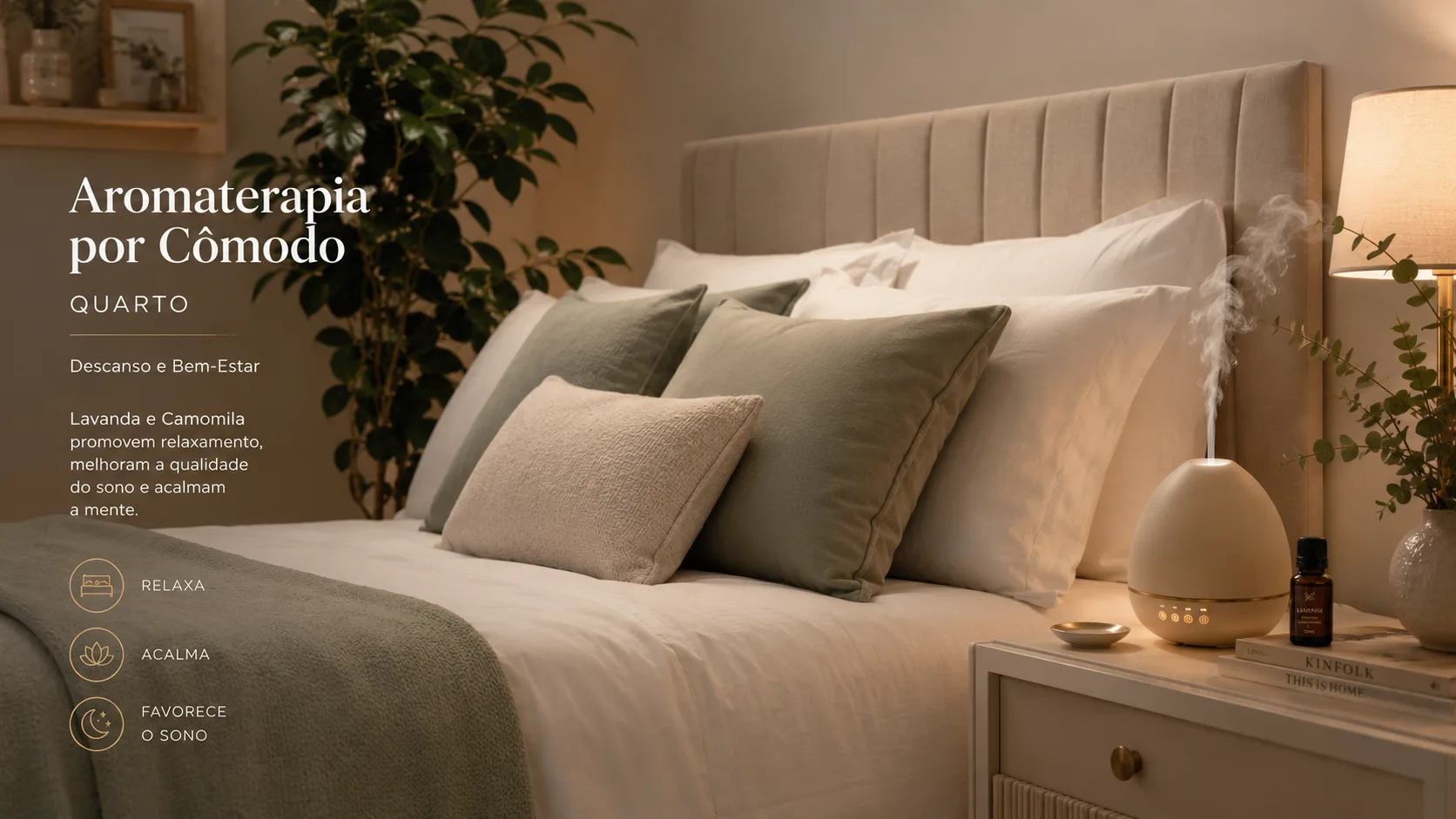 Quarto decorado com difusor de aroma na mesa de cabeceira, luz suave de abajur dourado e planta verde