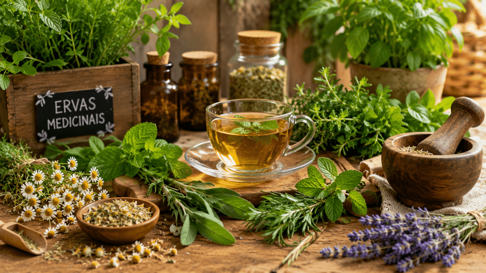 Bancada com ervas medicinais — decoração natural e terapêutica Bancada decorada com ervas medicinais frescas, chá e elementos naturais rústicos