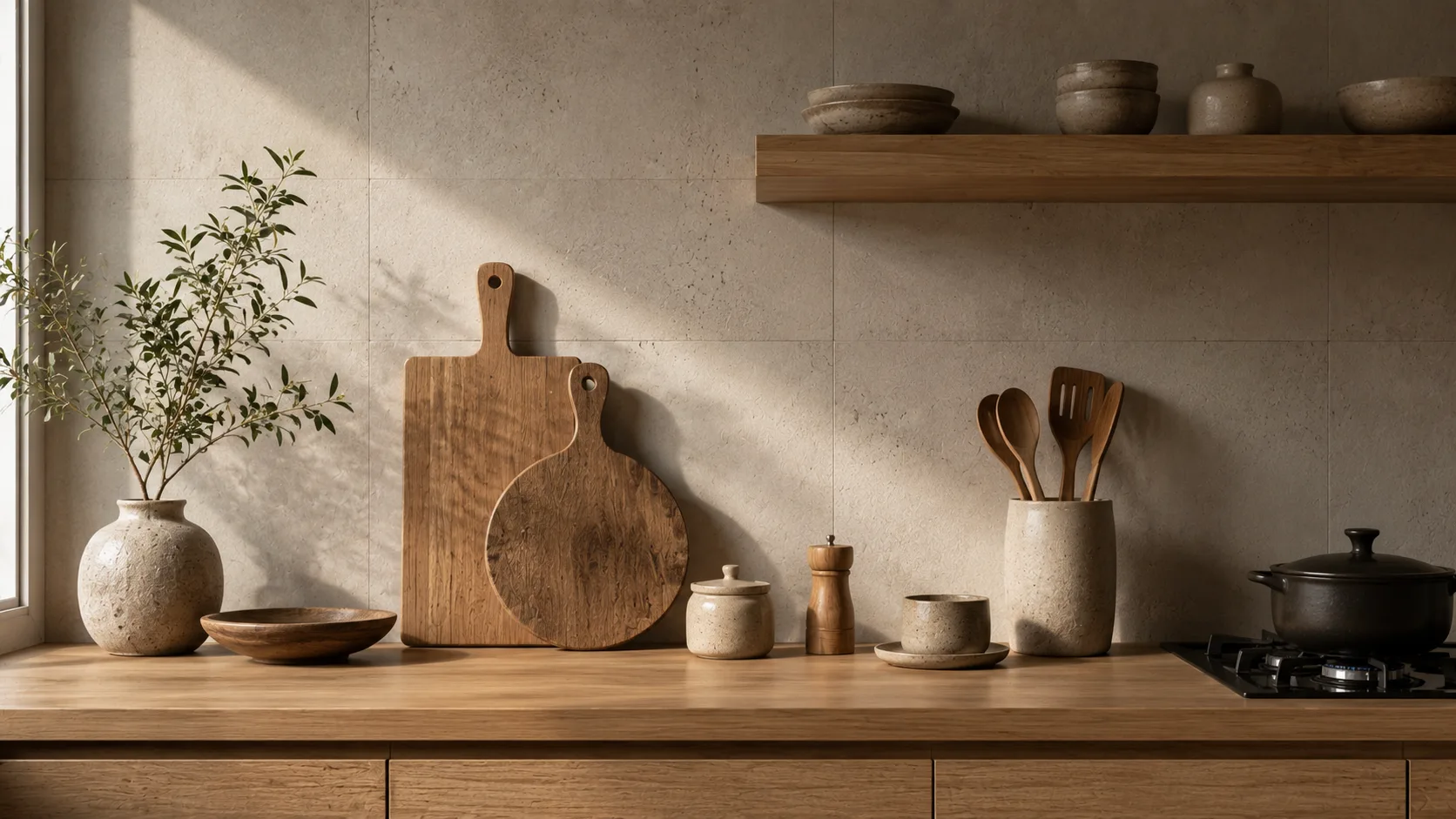 Bancada de cozinha no estilo Japandi com detalhes em madeira natural, vaso de cerâmica e planta pequena em revestimento neutro fosco