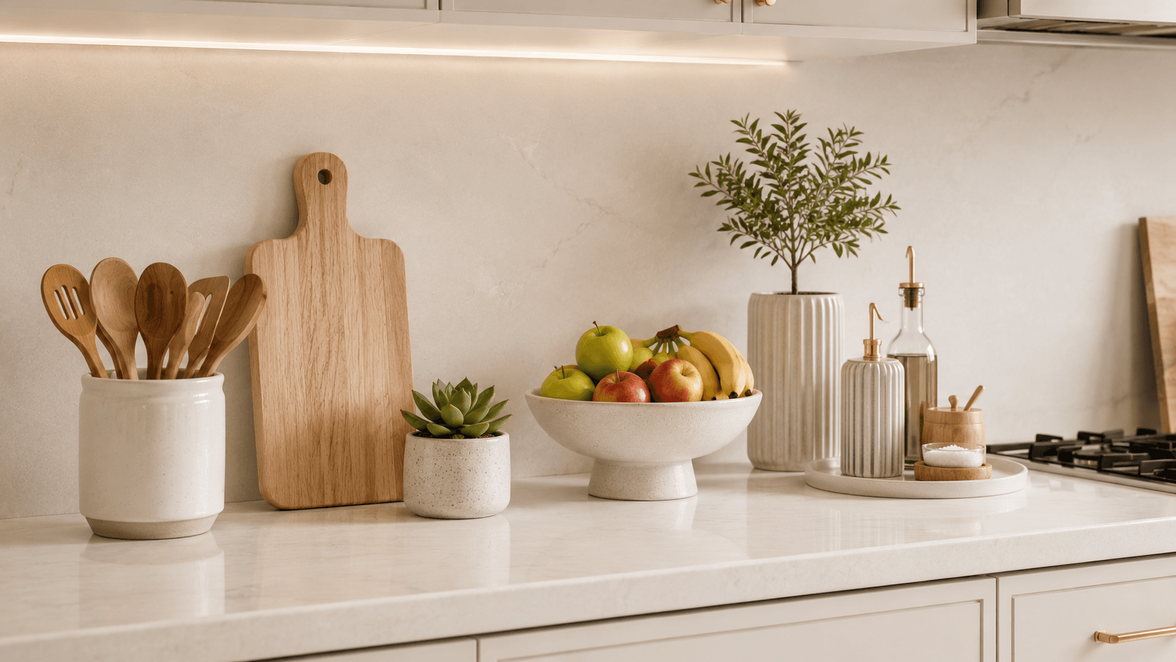 Bancada de cozinha organizada com porta-utensílios de bambu, tábua de corte e fruteira