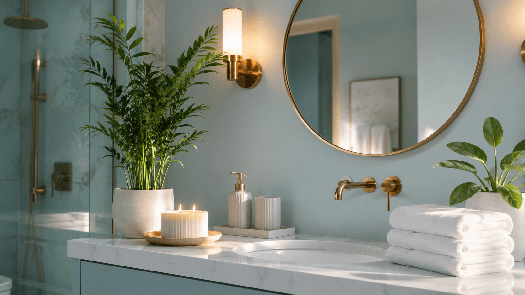 Banheiro em azul calmo com elementos spa — neurociência das cores para ambientes de restauração
