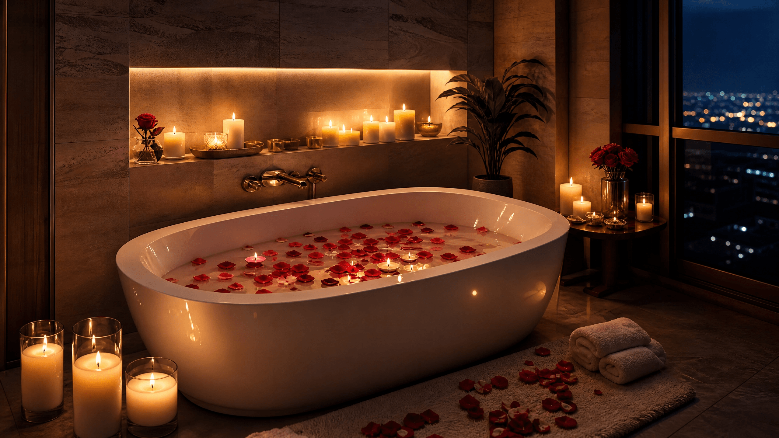 Banheiro decorado com velas e elementos relaxantes para ritual noturno
