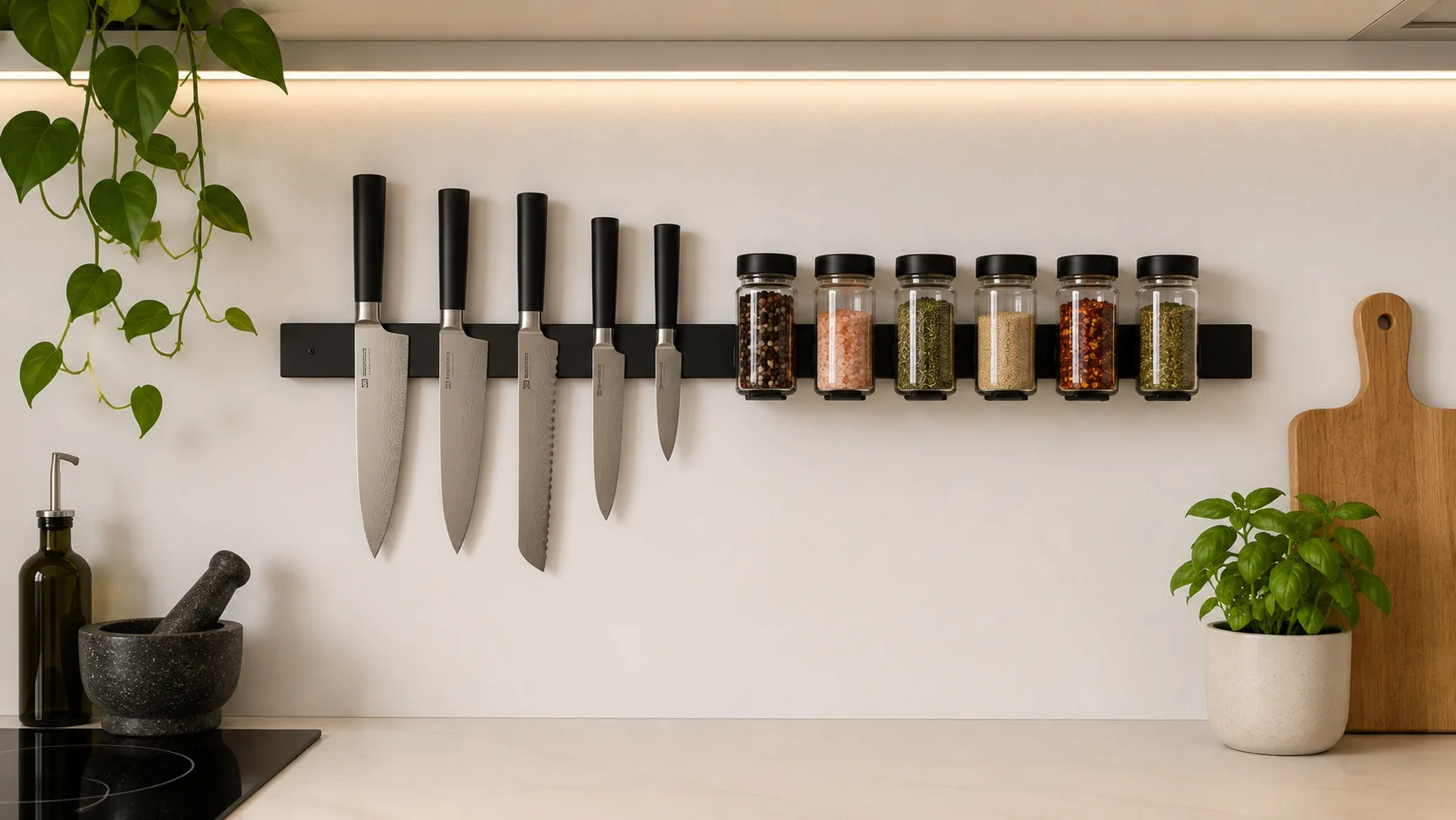 Barra magnética de aço inox com facas organizadas Barra magnética de aço inox na parede da cozinha com facas organizadas