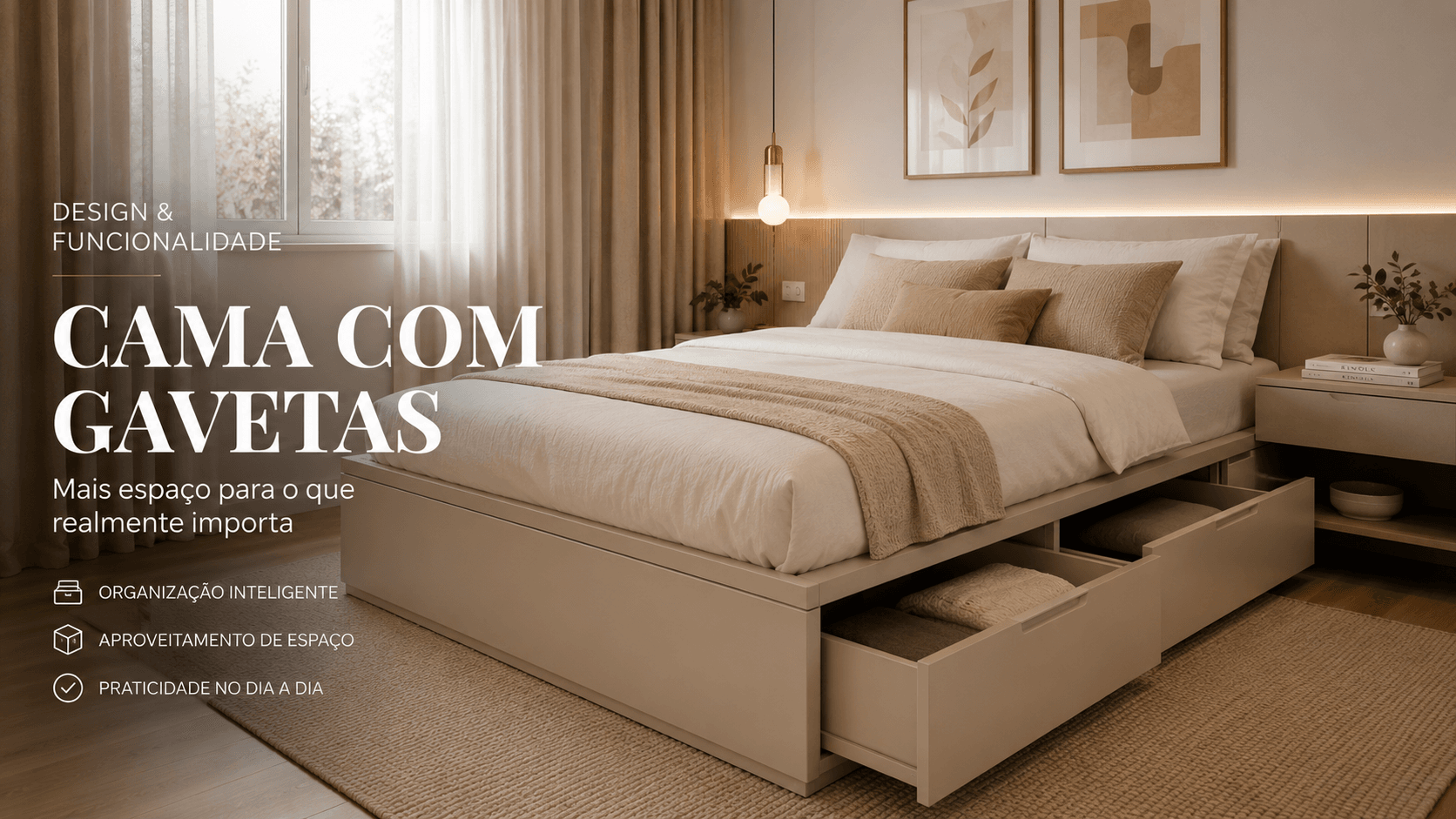 Quarto com cama de casal e gavetas na base, decoração clean e elegante