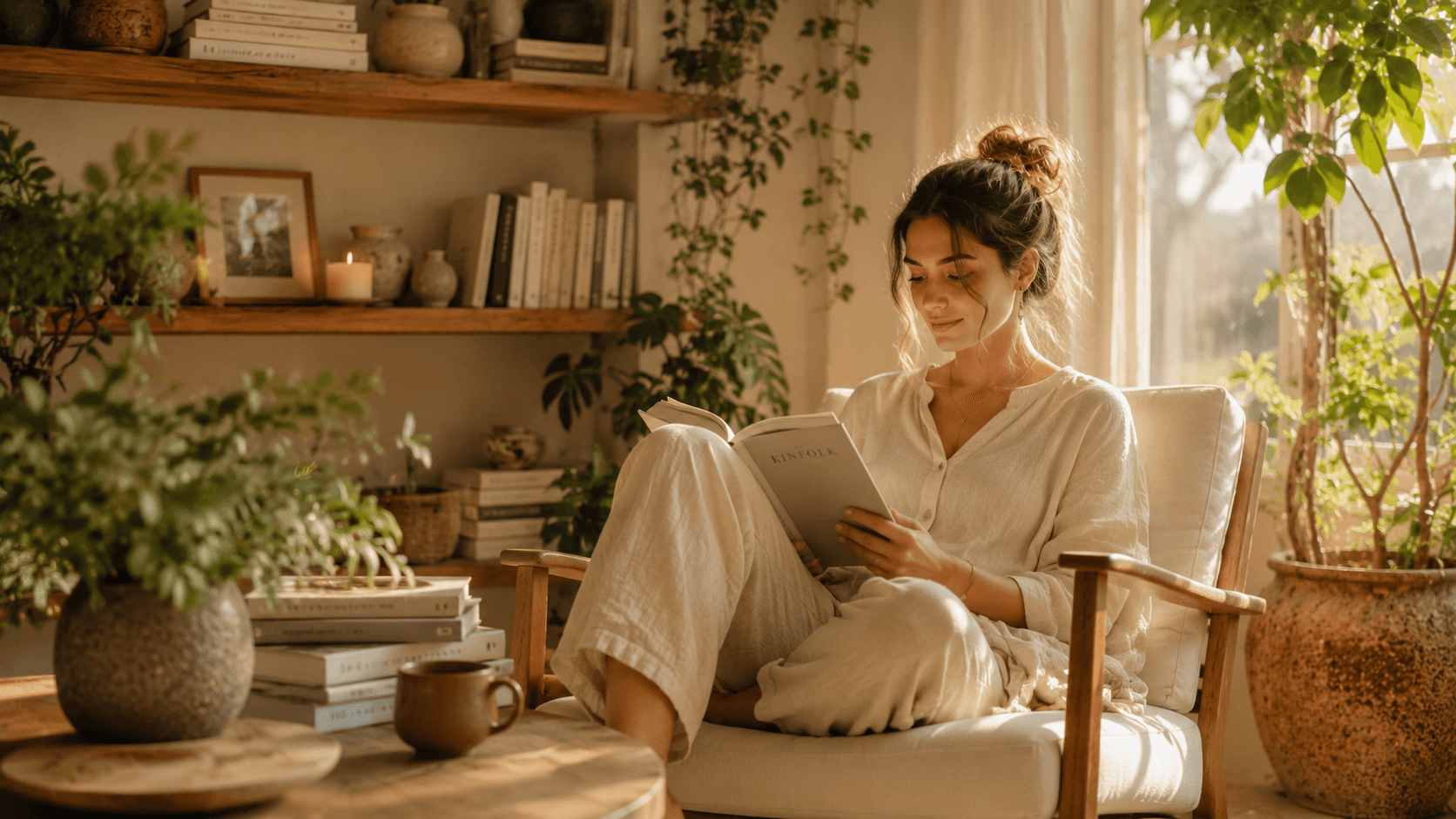 Mulher lendo em cantinho acolhedor rodeada de plantas e luz natural suave