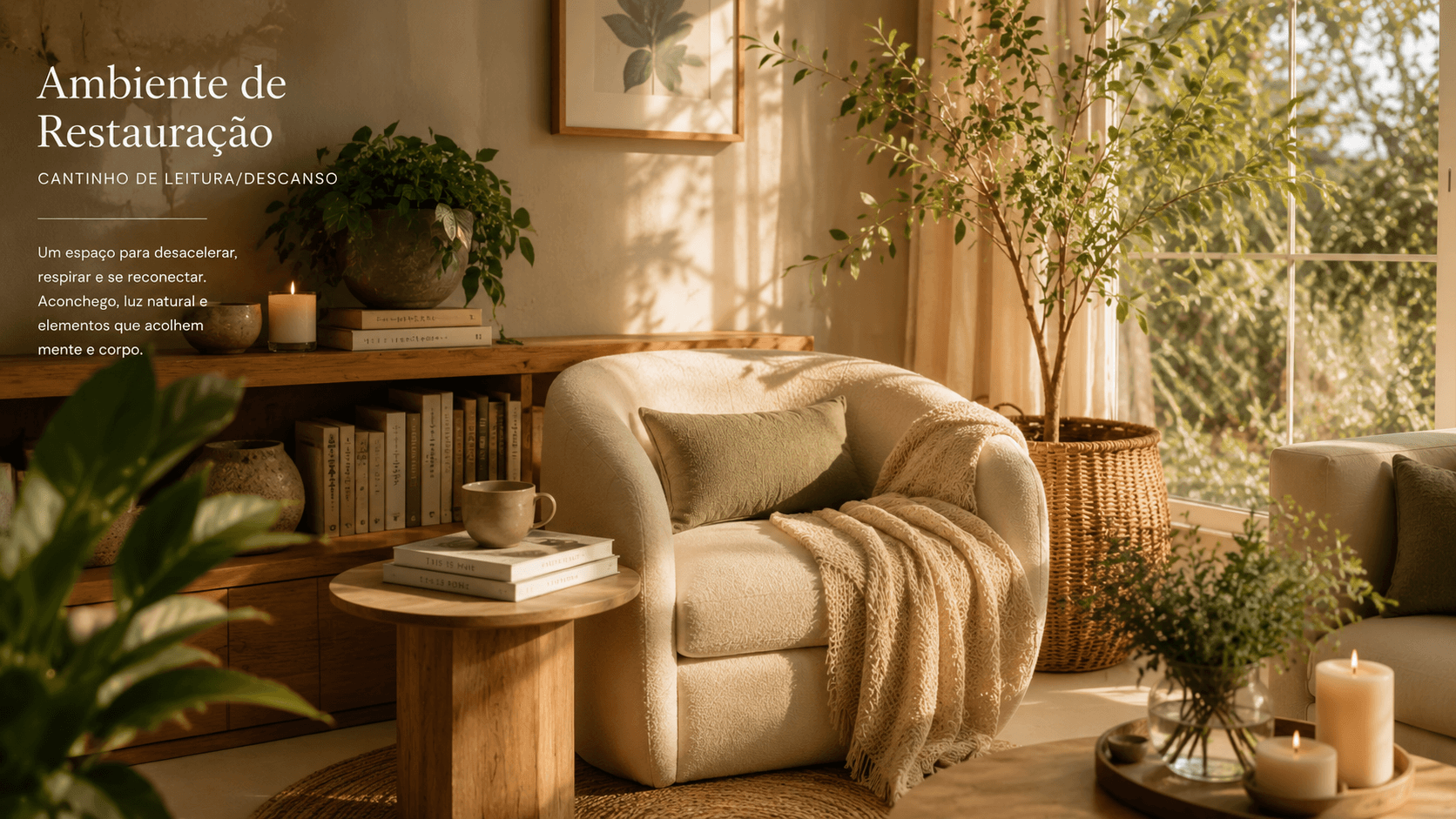 Cantinho de leitura aconchegante com plantas, luz natural e organização harmoniosa