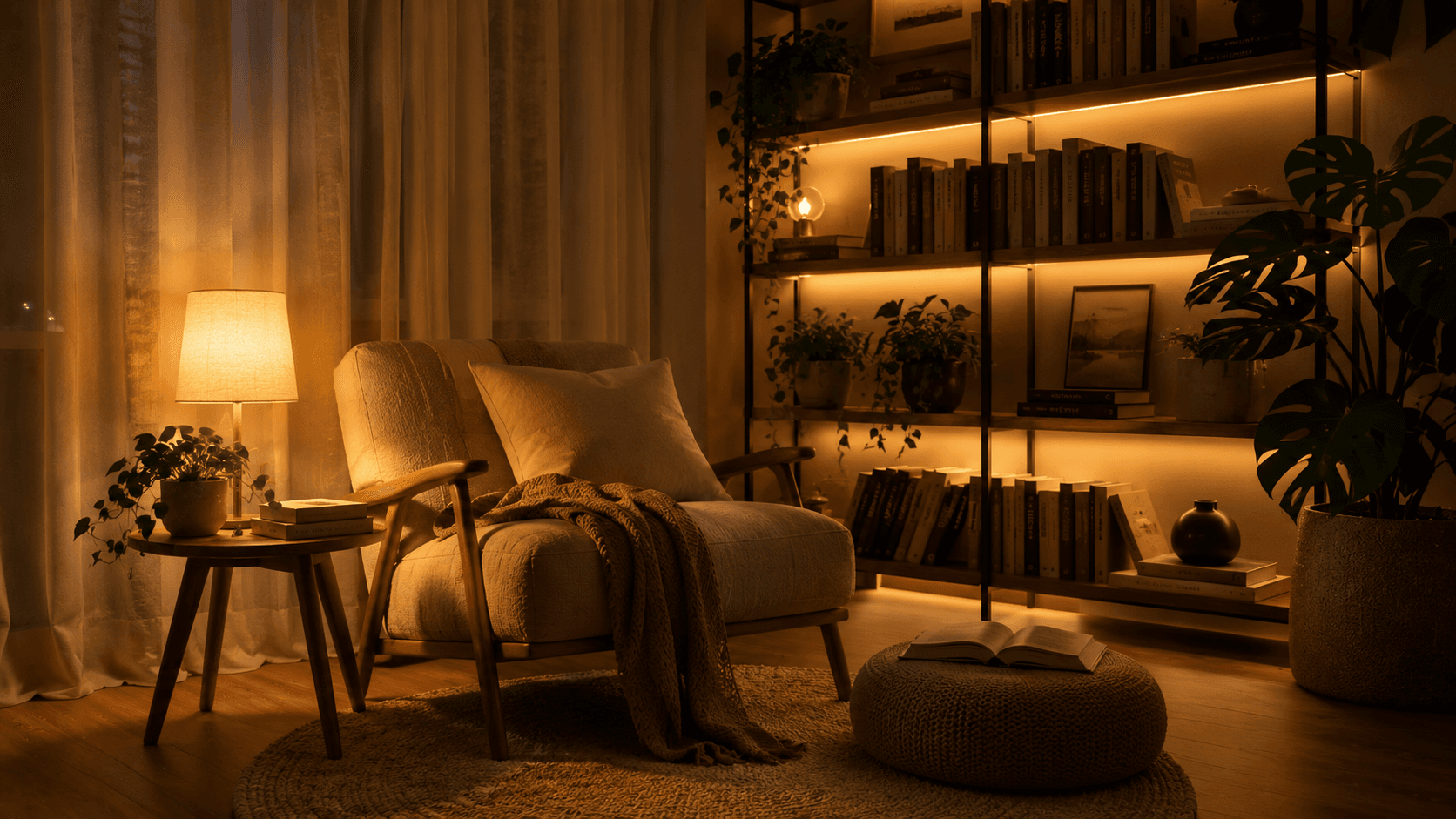 Cantinho de leitura aconchegante com luz indireta âmbar, poltrona e plantas — atmosfera restauradora