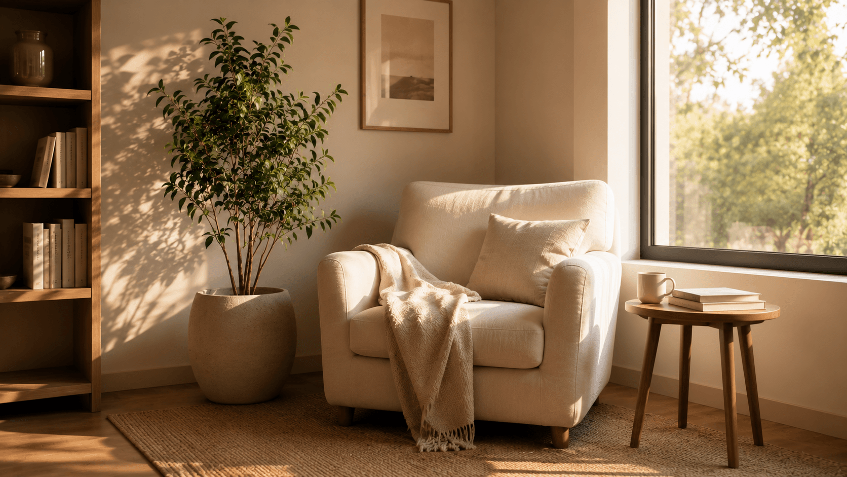 Cantinho de leitura aconchegante com poltrona, planta e luz natural — espaço de restauração cognitiva em casa