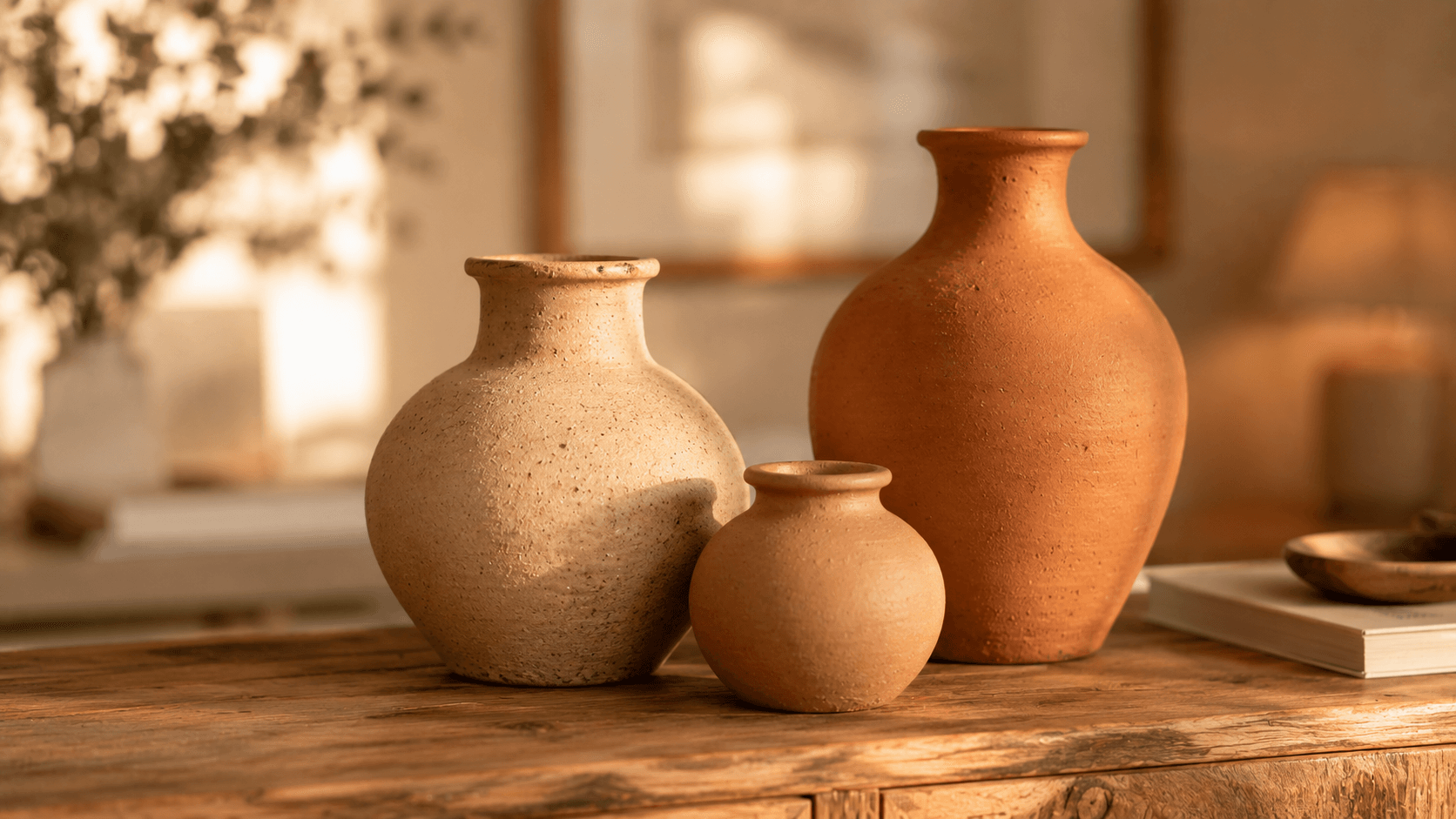 Vasos de cerâmica artesanal feitos à mão em tons terracota e bege sobre aparador de madeira natural
