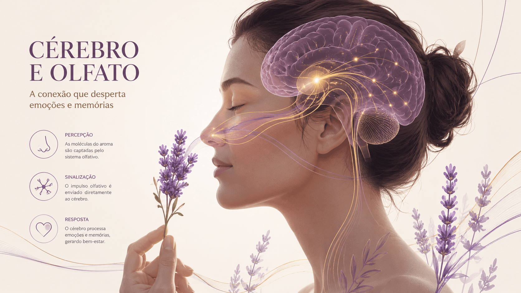 Ilustração científica da conexão entre olfato e cérebro — percepção, sinalização e resposta emocional