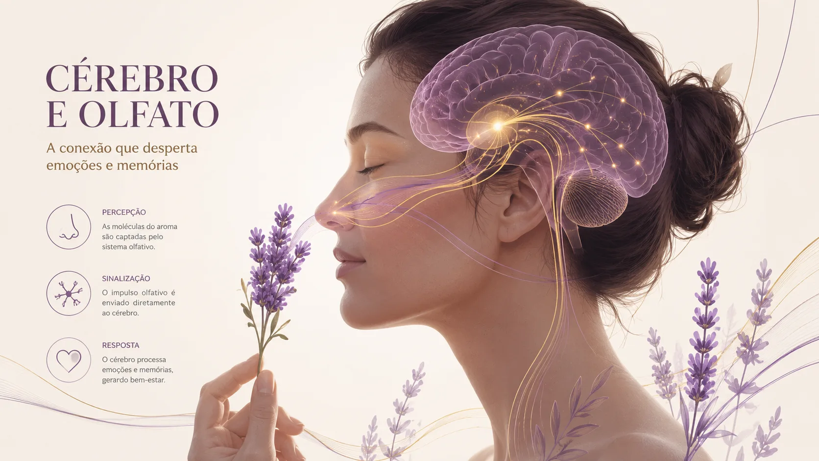 Ilustração científica da conexão entre olfato e cérebro — percepção, sinalização e resposta emocional