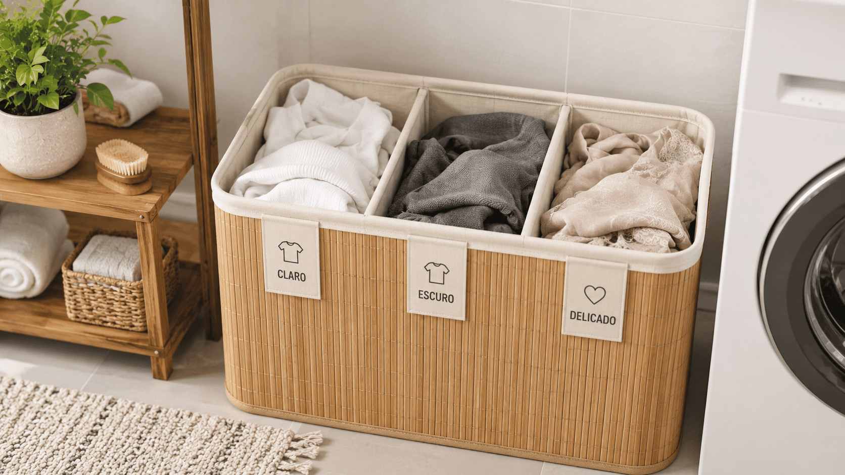 Cesto de roupa de bambu com tampa organizado na lavanderia