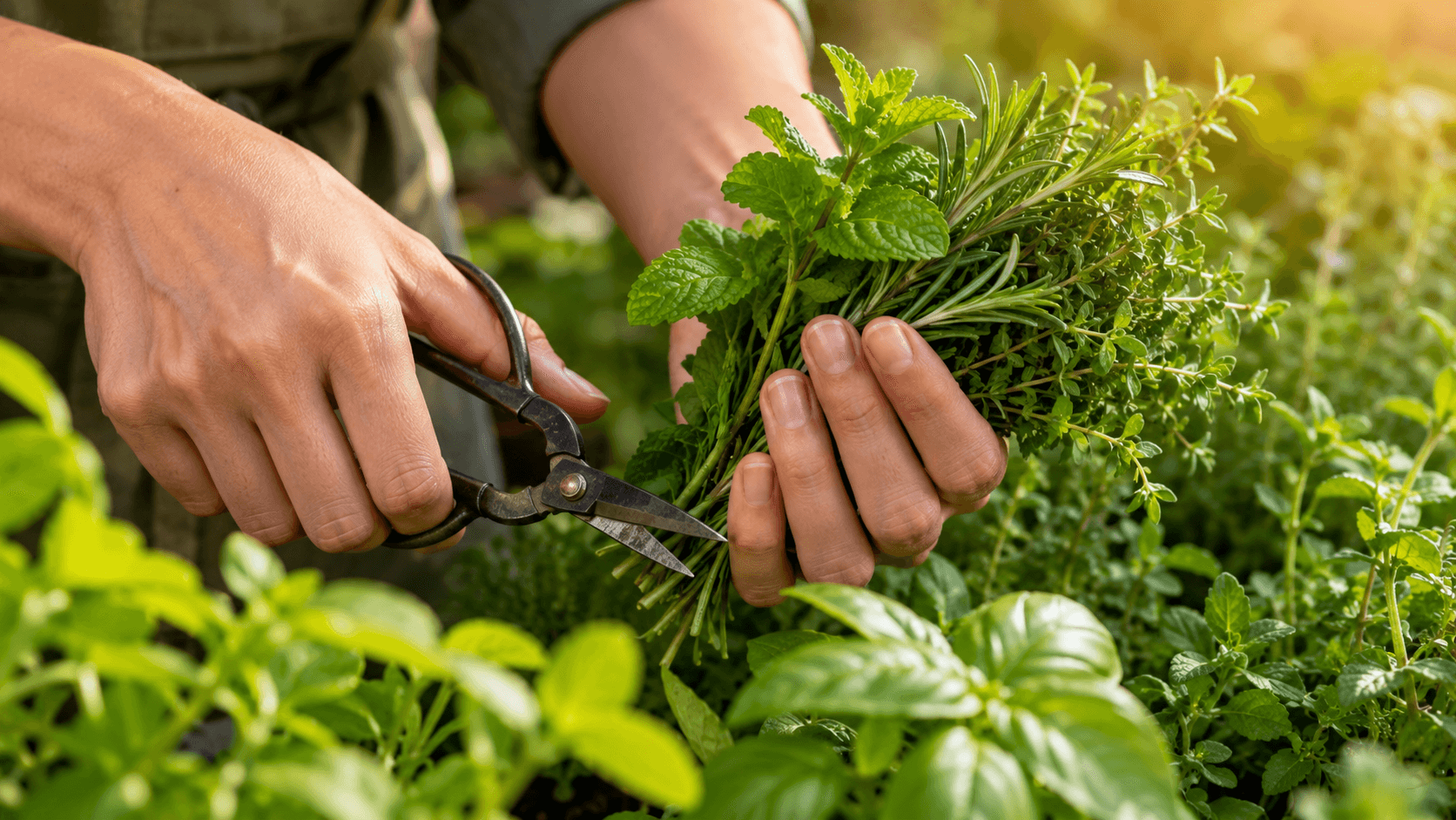 Plantas Medicinais em Casa: Como Criar seu Jardim Terapêutico Mãos colhendo ervas medicinais frescas do jardim em casa