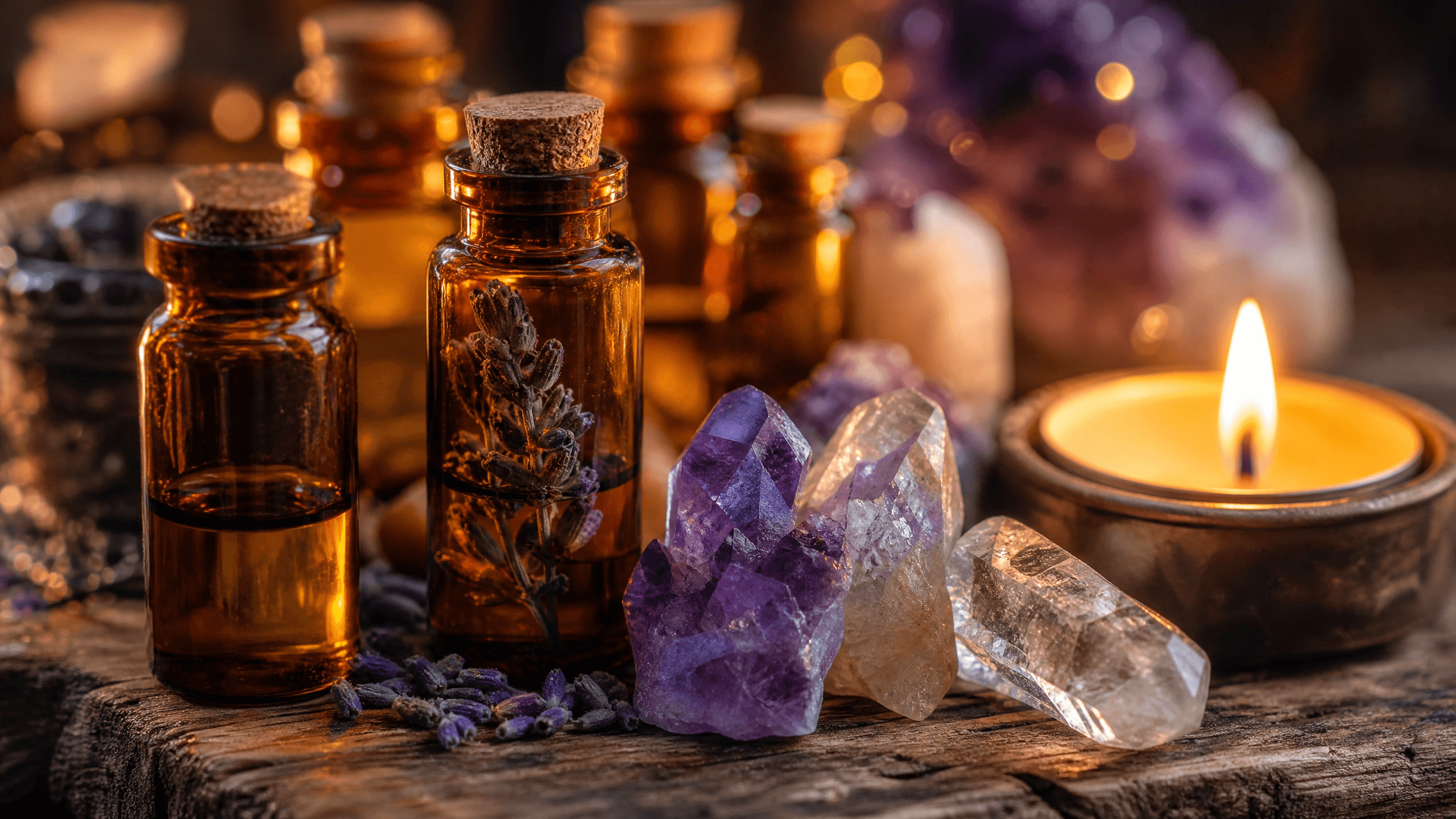 Óleos essenciais, cristais e vela acesa para aromaterapia noturna