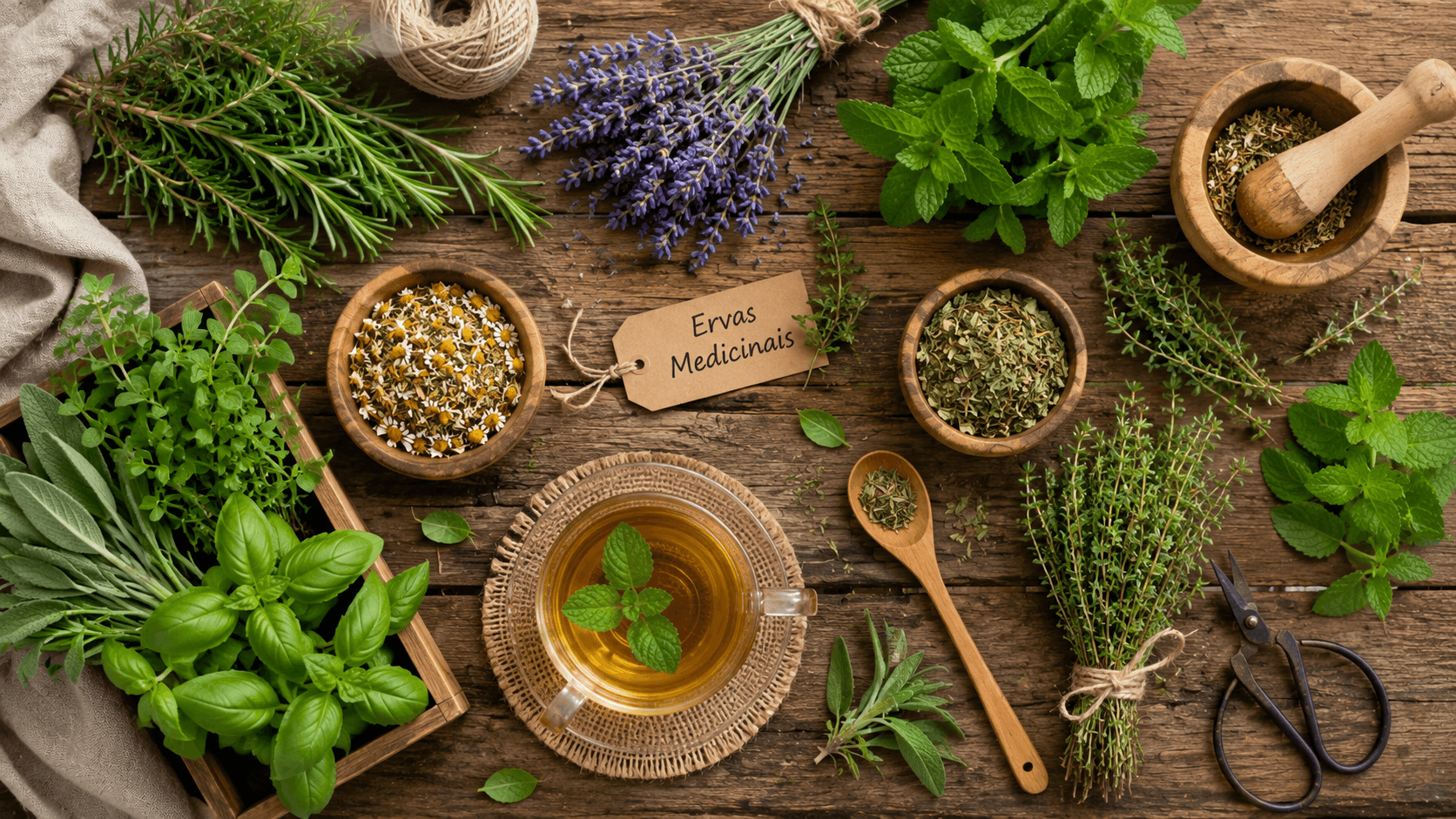 Composição com ervas medicinais — beleza natural e terapêutica Composição flat lay com ervas medicinais frescas, flores e elementos rústicos naturais