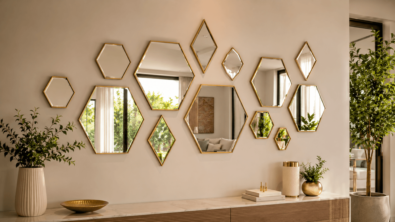 Parede decorada com composição de espelhos pequenos em formatos geométricos variados