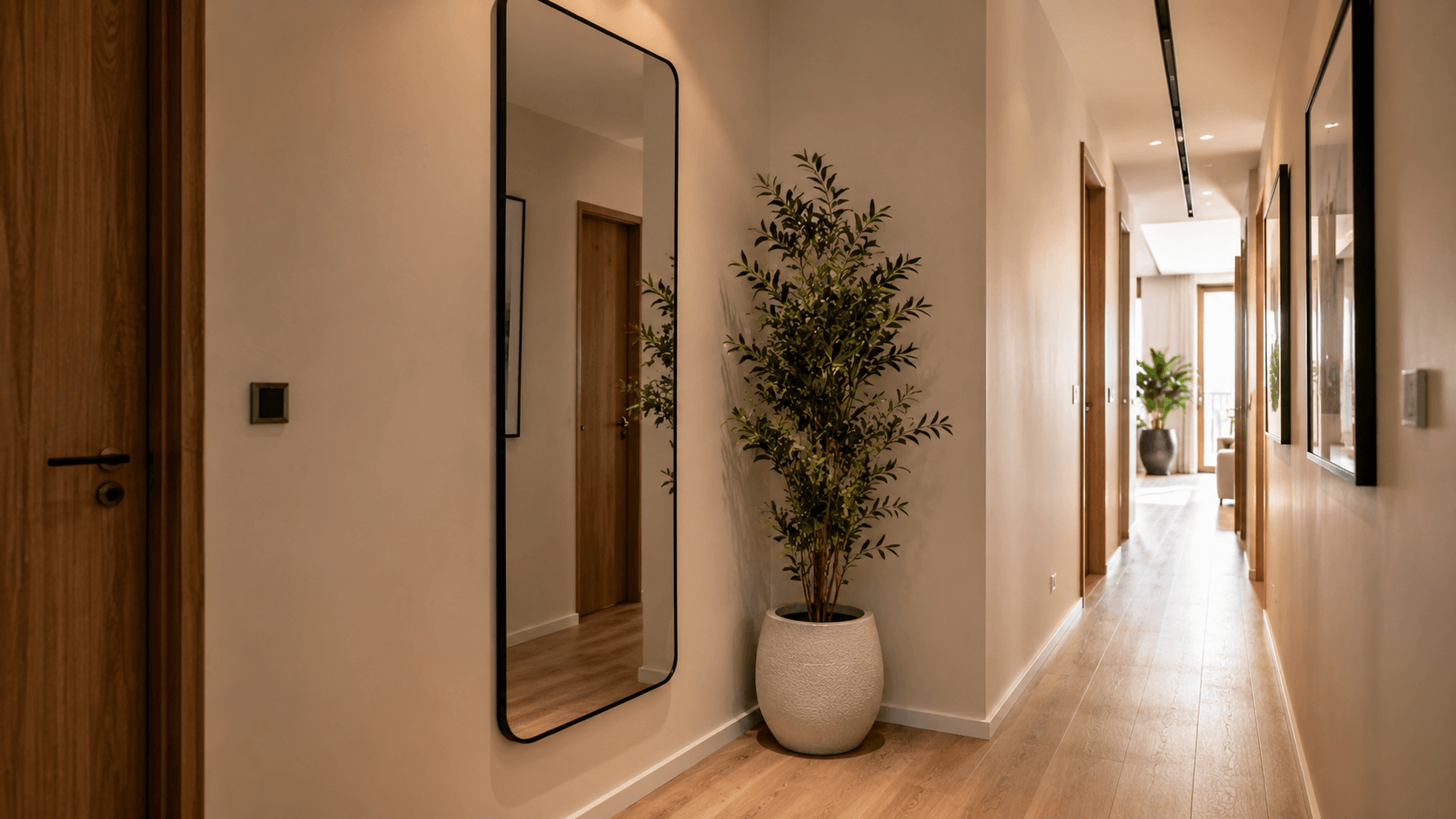 Corredor estreito decorado com espelho vertical alto e planta ao lado