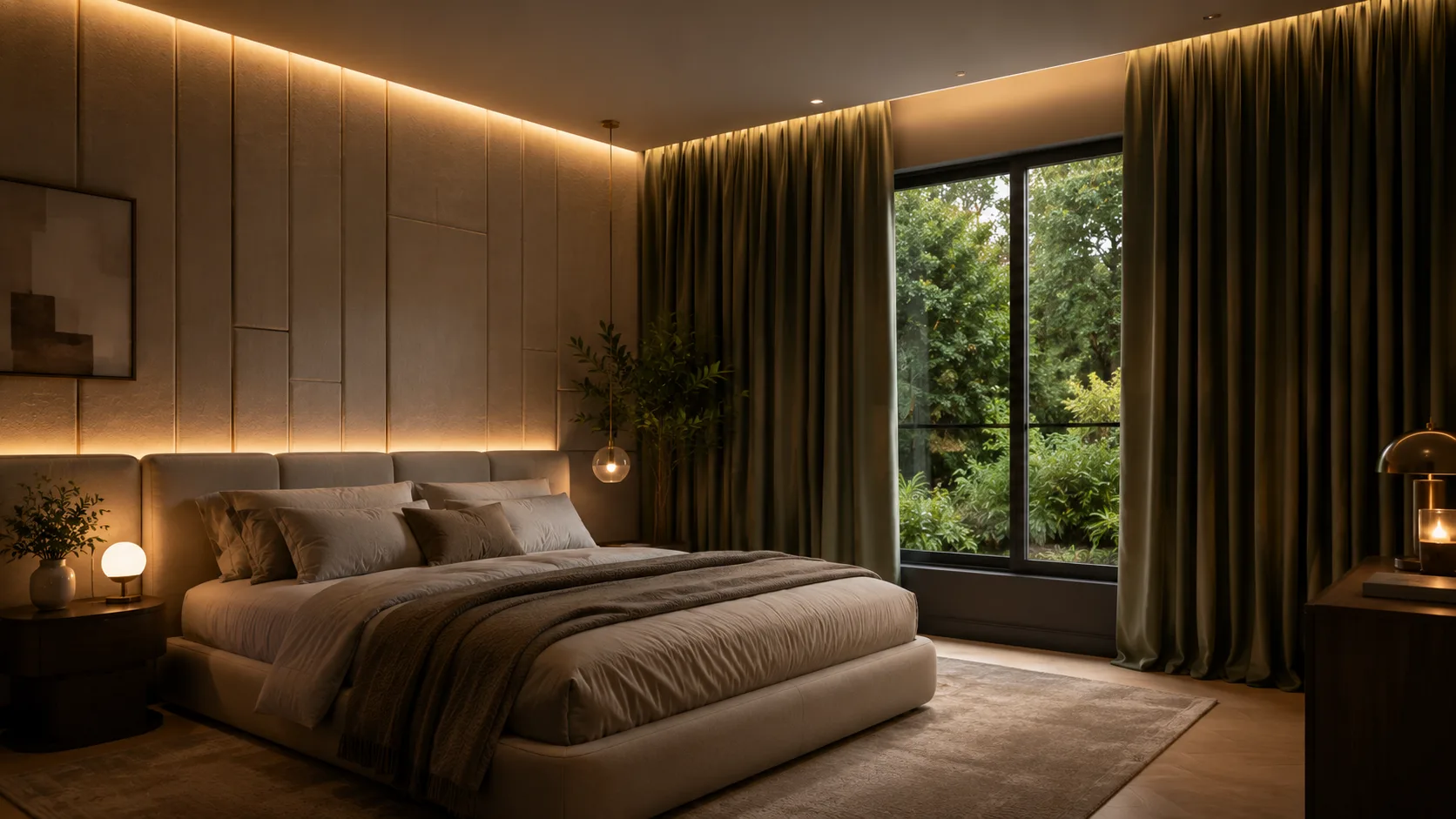 Quarto com cortinas pesadas em veludo para isolamento acústico e térmico — decoração acústica para ambientes
