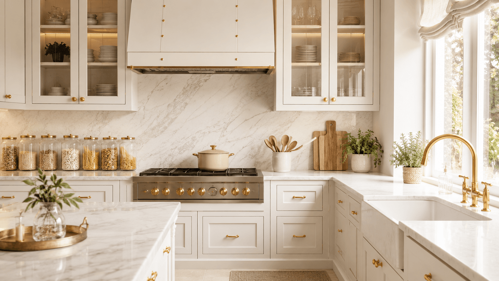 Cozinha clássica moderna organizada com armários brancos e detalhes dourados