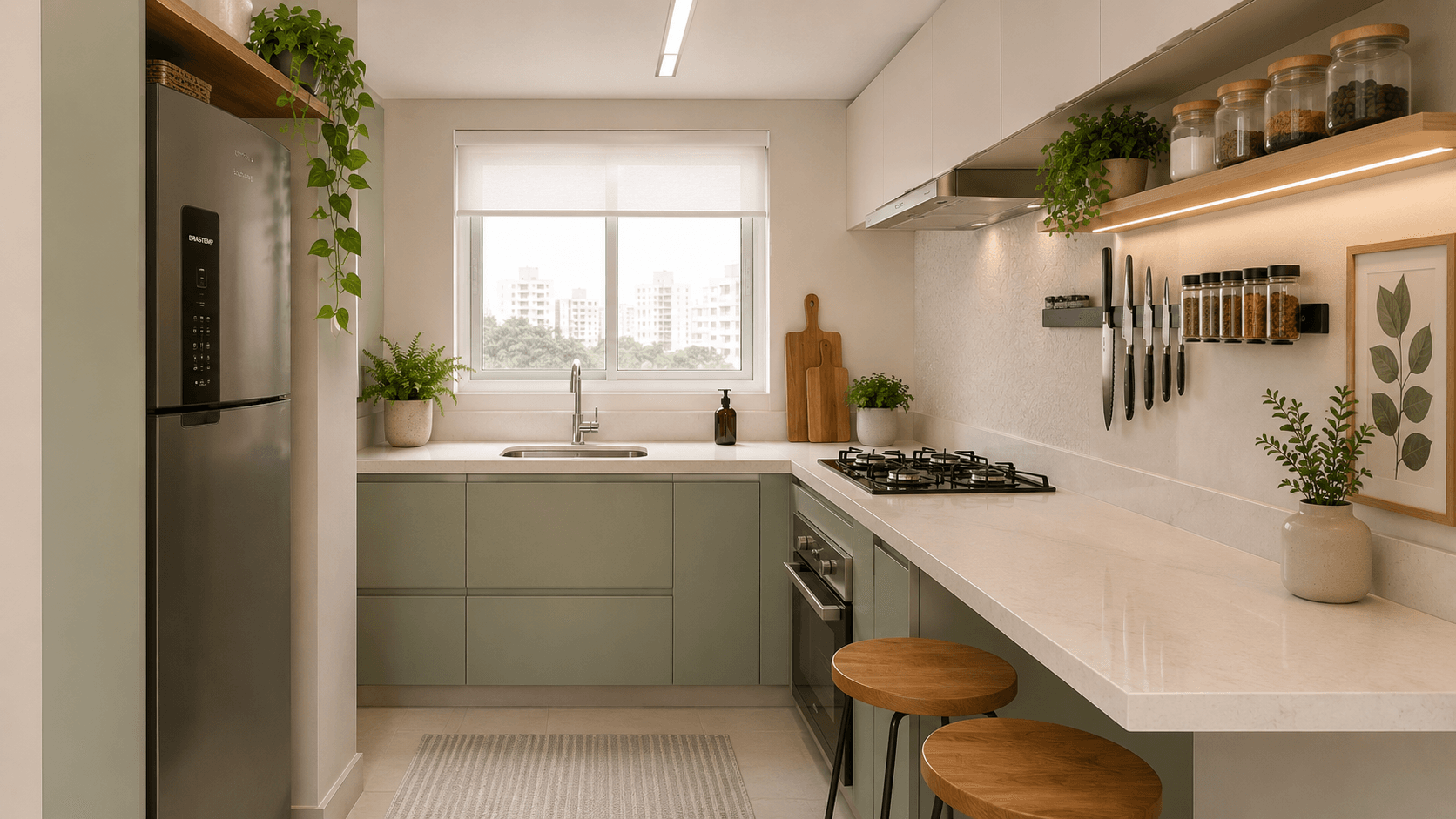 Cozinha compacta com armários em verde sálvia e bancada em branco