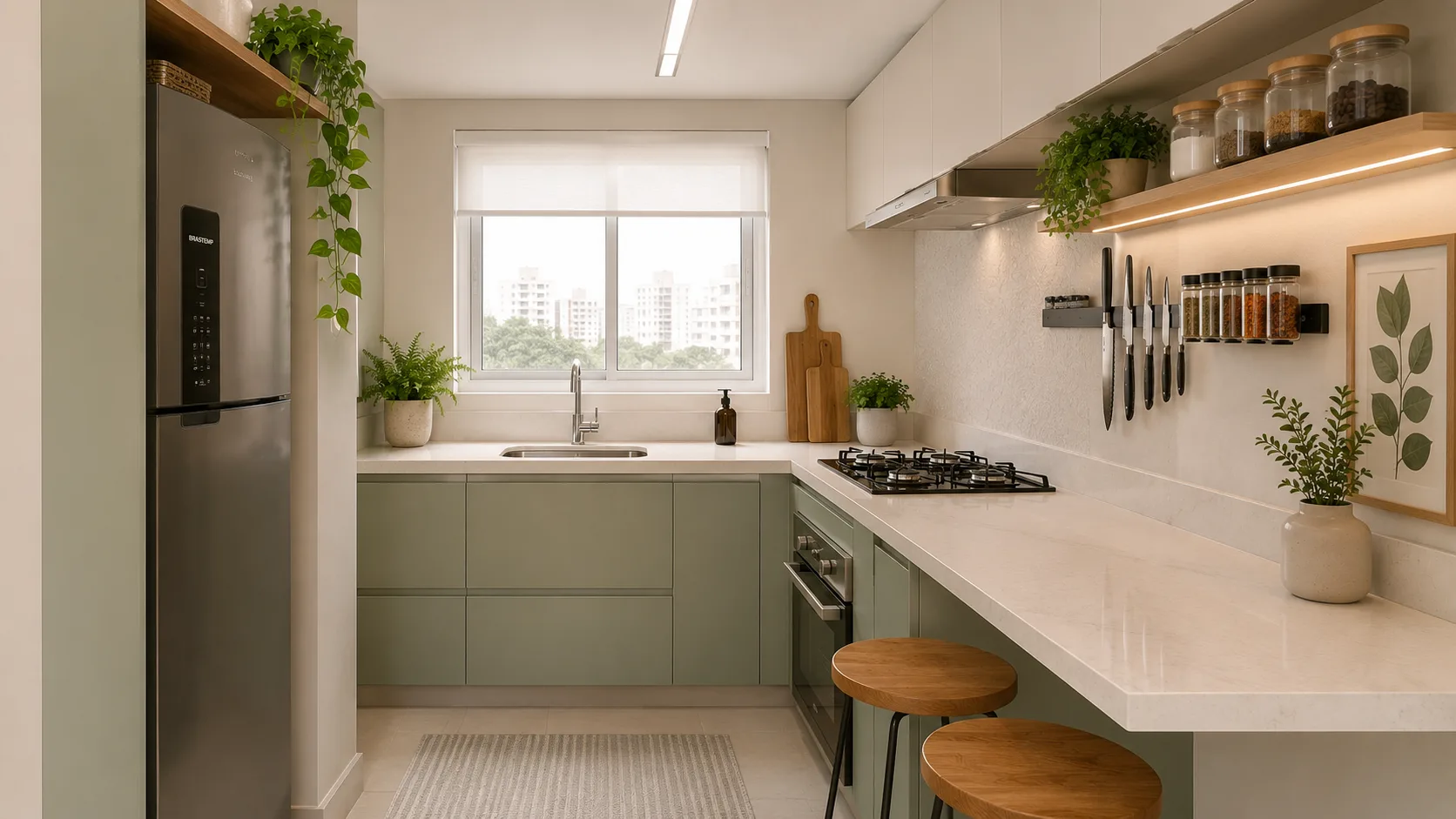 Cozinha compacta com armários em verde sálvia Cozinha compacta com armários em verde sálvia e bancada em branco