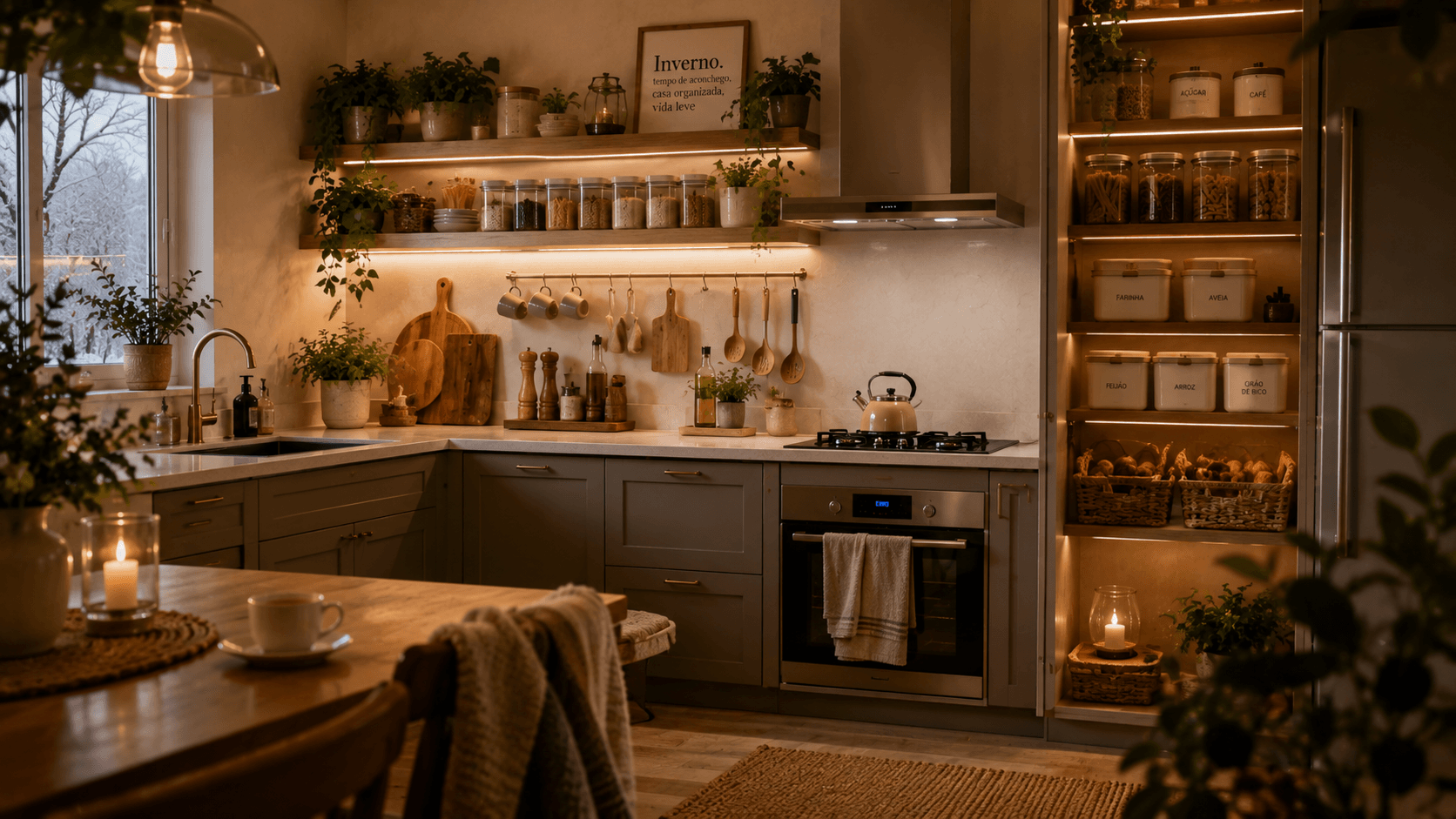 Cozinha completa organizada com atmosfera aconchegante de inverno, luz quente e plantas