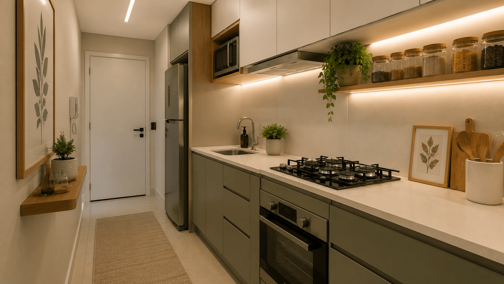 Cozinha corredor bem organizada e decorada com iluminação LED