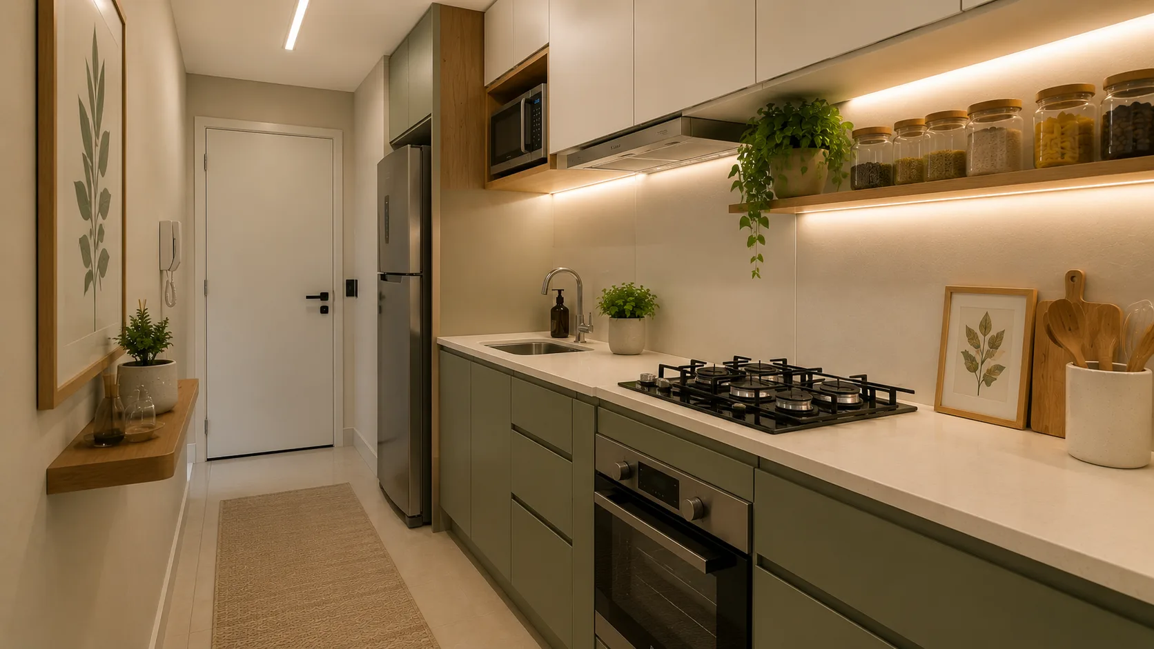 Cozinha corredor com iluminação LED estratégica Cozinha corredor bem organizada e decorada com iluminação LED