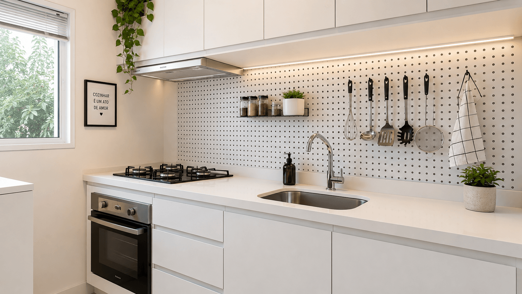 Cozinha pequena minimalista organizada com prateleiras suspensas e bancada livre