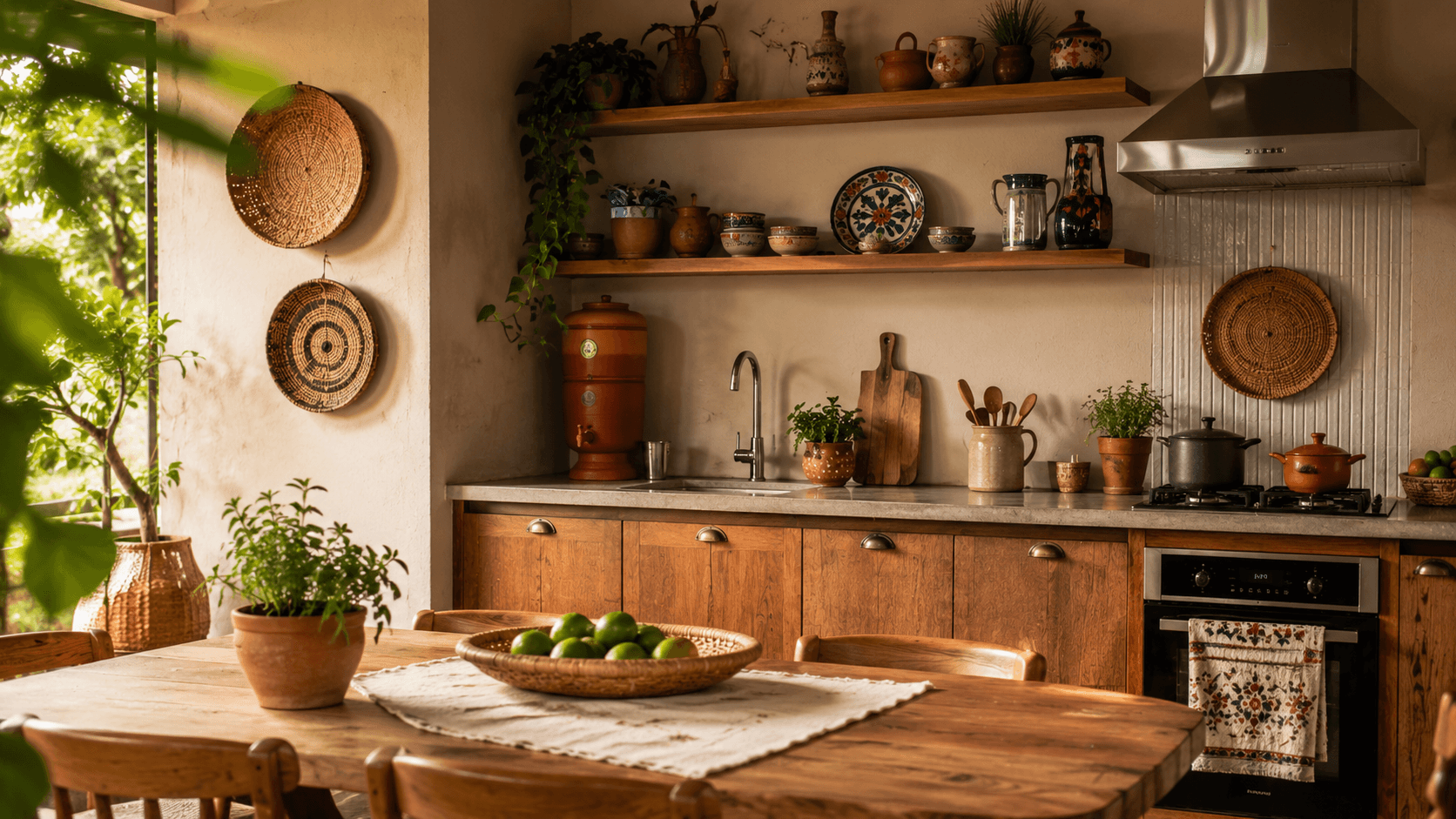 Cozinha brasileira rústica contemporânea com filtro de barro, cerâmicas coloridas, prateleiras de madeira e cestaria