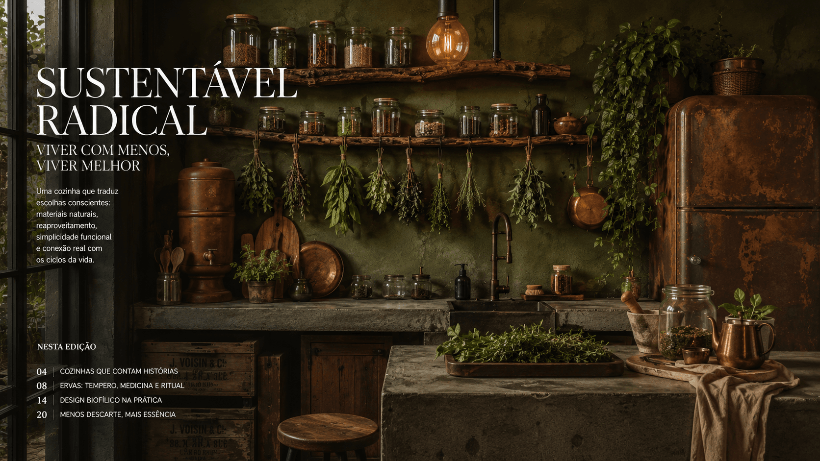 Ecopunk na Decoração: Sustentabilidade Radical para Transformar sua Casa em 2026 Cozinha sustentável radical no estilo Ecopunk com bancada de cimento, ervas frescas penduradas e potes de vidro